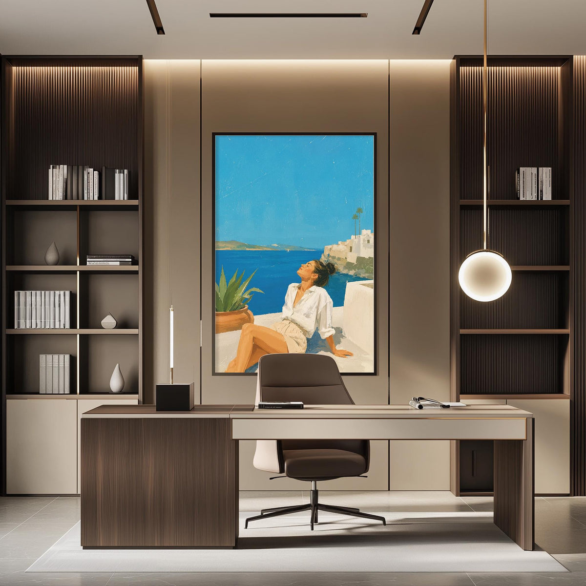 a modern office space with a large window overlooking a scenic view of the ocean. The office features a wooden desk, a comfortable chair, and a large painting of a woman sitting on a balcony. The room is well-lit, with a pendant light hanging from the ceiling and a bookshelf filled with books and decorative items.