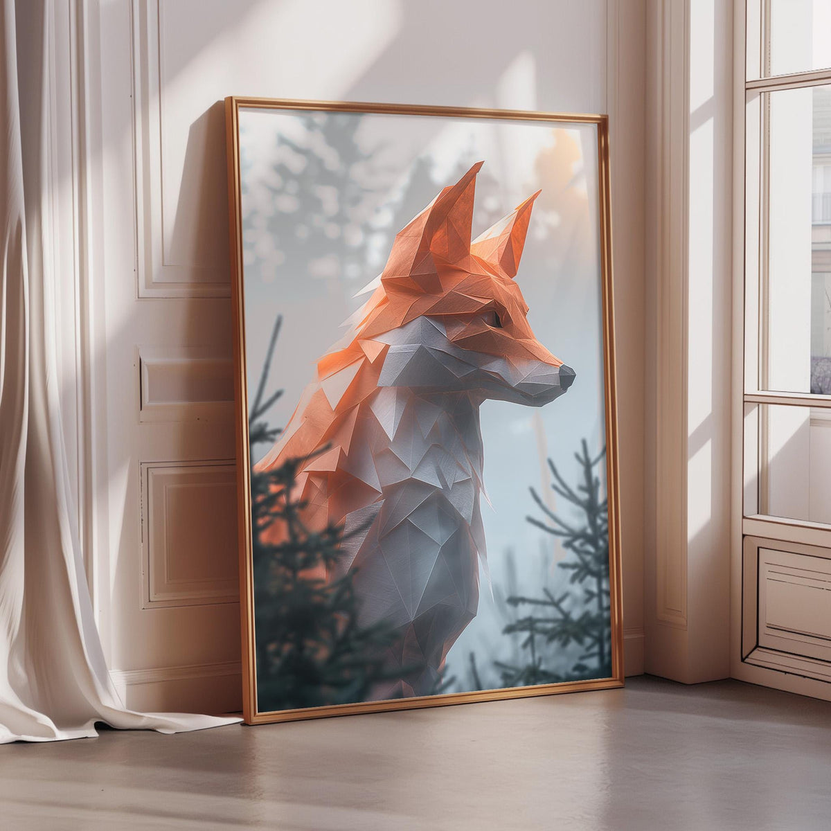 a large, framed artwork depicting a stylized, geometric representation of a fox.
