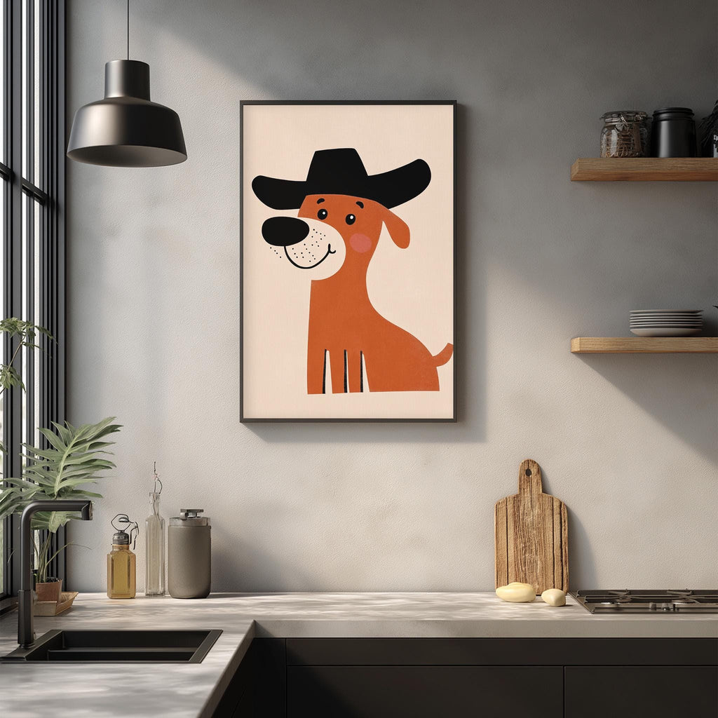a kitchen counter with various items on it, including a framed picture of a dog wearing a cowboy hat, a wooden cutting board, and some kitchen accessories.
