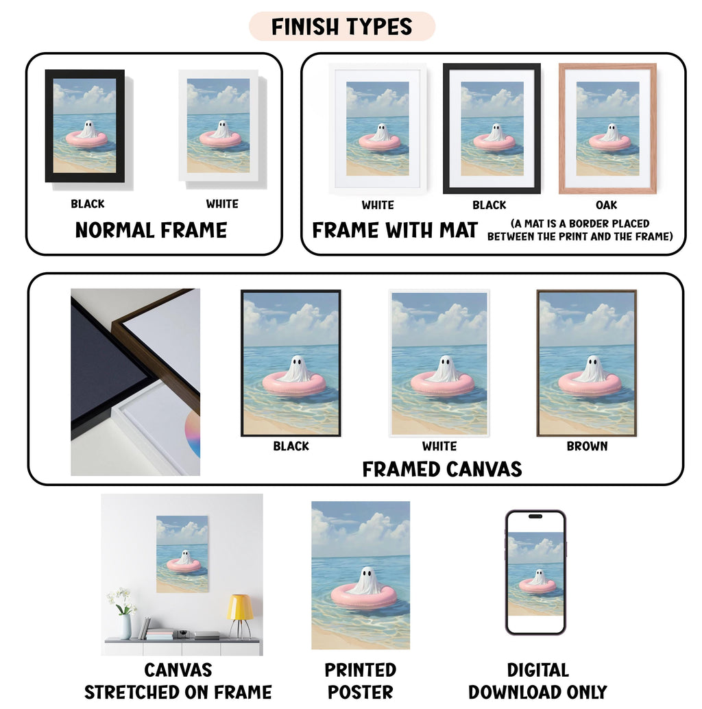 various framed artworks depicting different scenes, including a ghost floating on a pink raft, a beach scene, and a beach scene with a ghost. The artworks are labeled with different finish types, such as "NORMAL FRAME", "FRAME WITH MAT", "BLACK", "WHITE", "BLACK", "WHITE", "BROWN", "FRAMED CANVAS", and "DIGITAL DOWNLOAD ONLY".