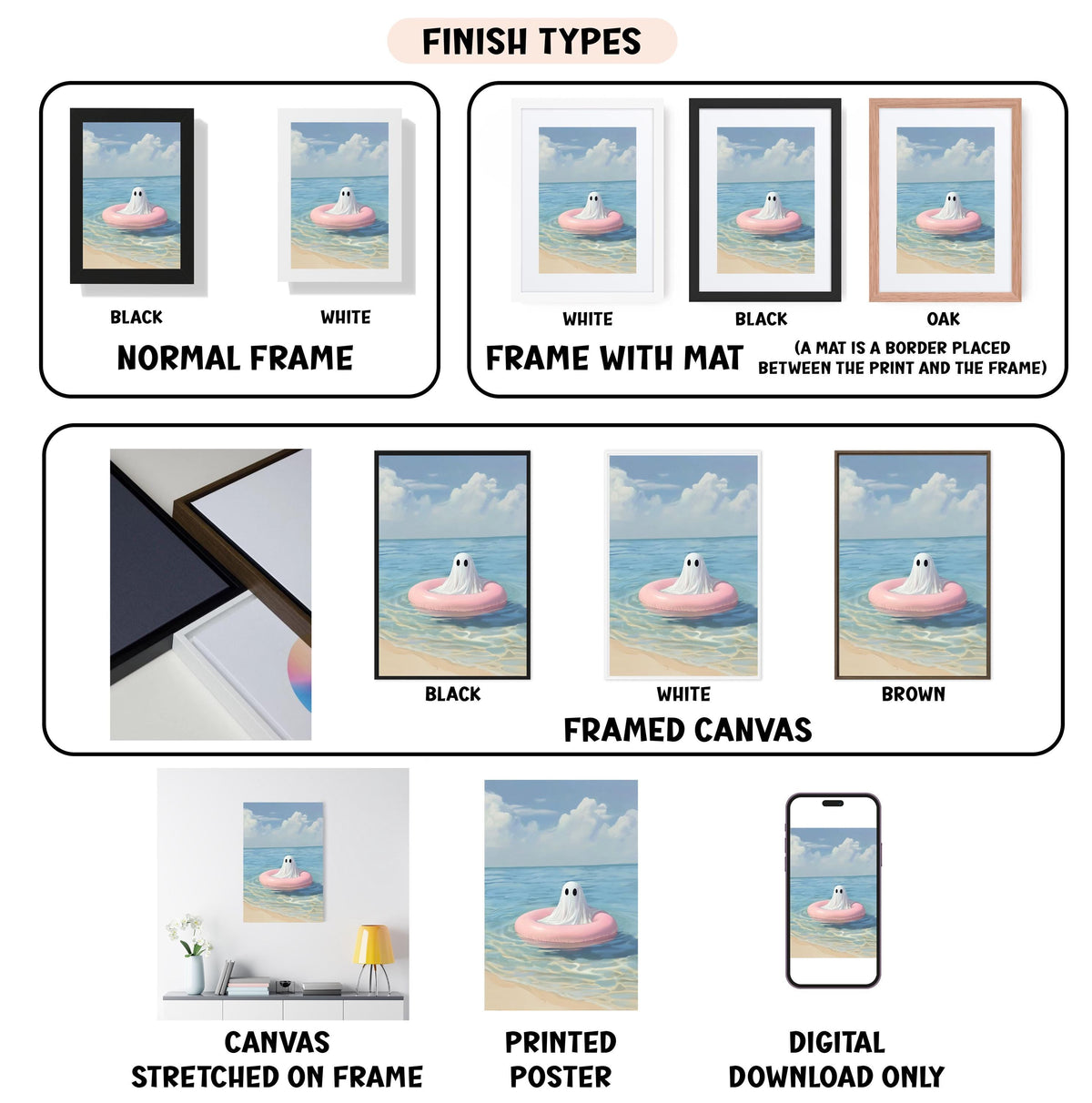 various framed artworks depicting different scenes, including a ghost floating on a pink raft, a beach scene, and a beach scene with a ghost. The artworks are labeled with different finish types, such as "NORMAL FRAME", "FRAME WITH MAT", "BLACK", "WHITE", "BLACK", "WHITE", "BROWN", "FRAMED CANVAS", and "DIGITAL DOWNLOAD ONLY".