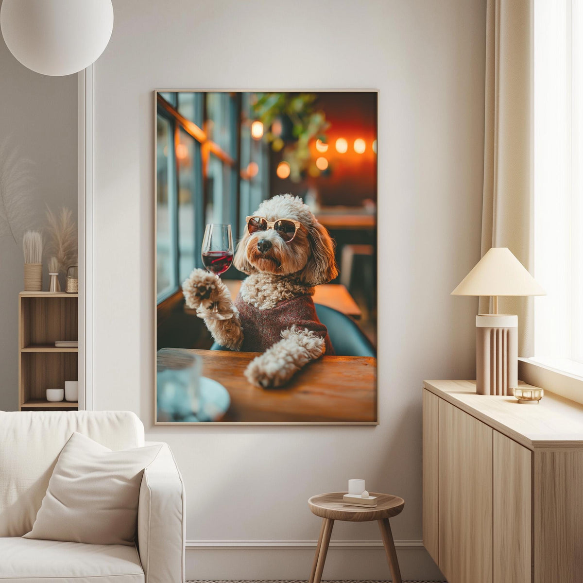 A dog wearing sunglasses is sitting at a table, holding a glass of red wine in a cozy living room setting.