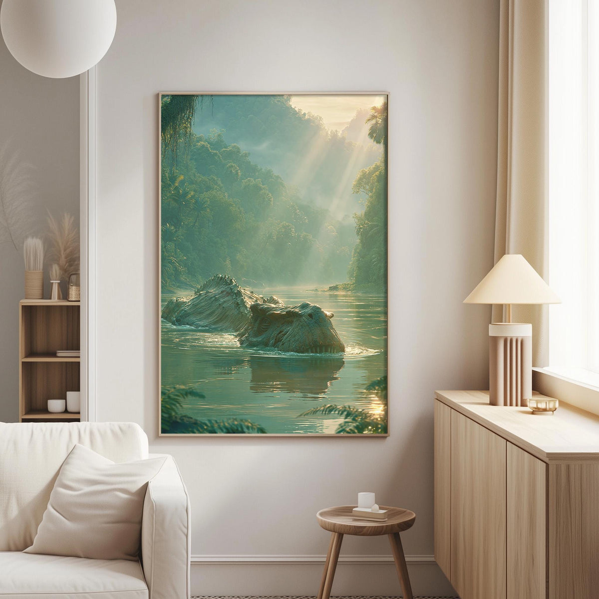 a serene living room with a large framed picture of a tranquil river scene hanging on the wall. The picture showcases a calm river surrounded by lush greenery, with sunlight filtering through the trees and casting a warm glow on the water. The room is furnished with a white sofa and a wooden side table, creating a cozy and inviting atmosphere.