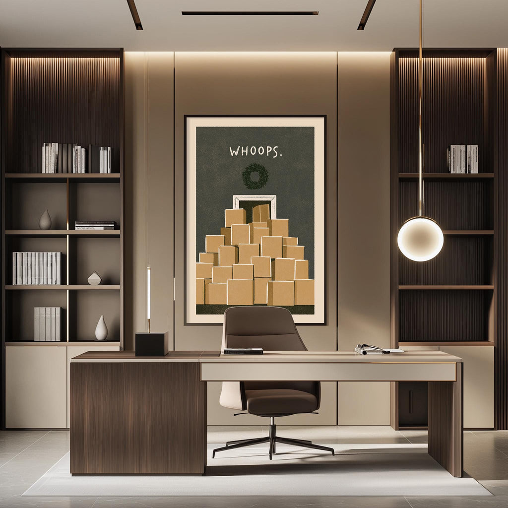 a modern and minimalist office space with a large desk, a comfortable chair, and a framed poster on the wall.