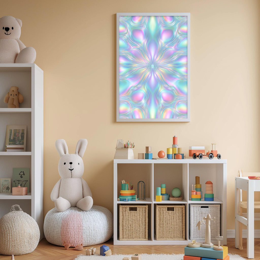 A cozy and colorful children's bedroom with a large stuffed bunny, a bookshelf, and a toy chest filled with toys. The walls are painted a light peach color, and a framed abstract floral design is hanging above the bookshelf.