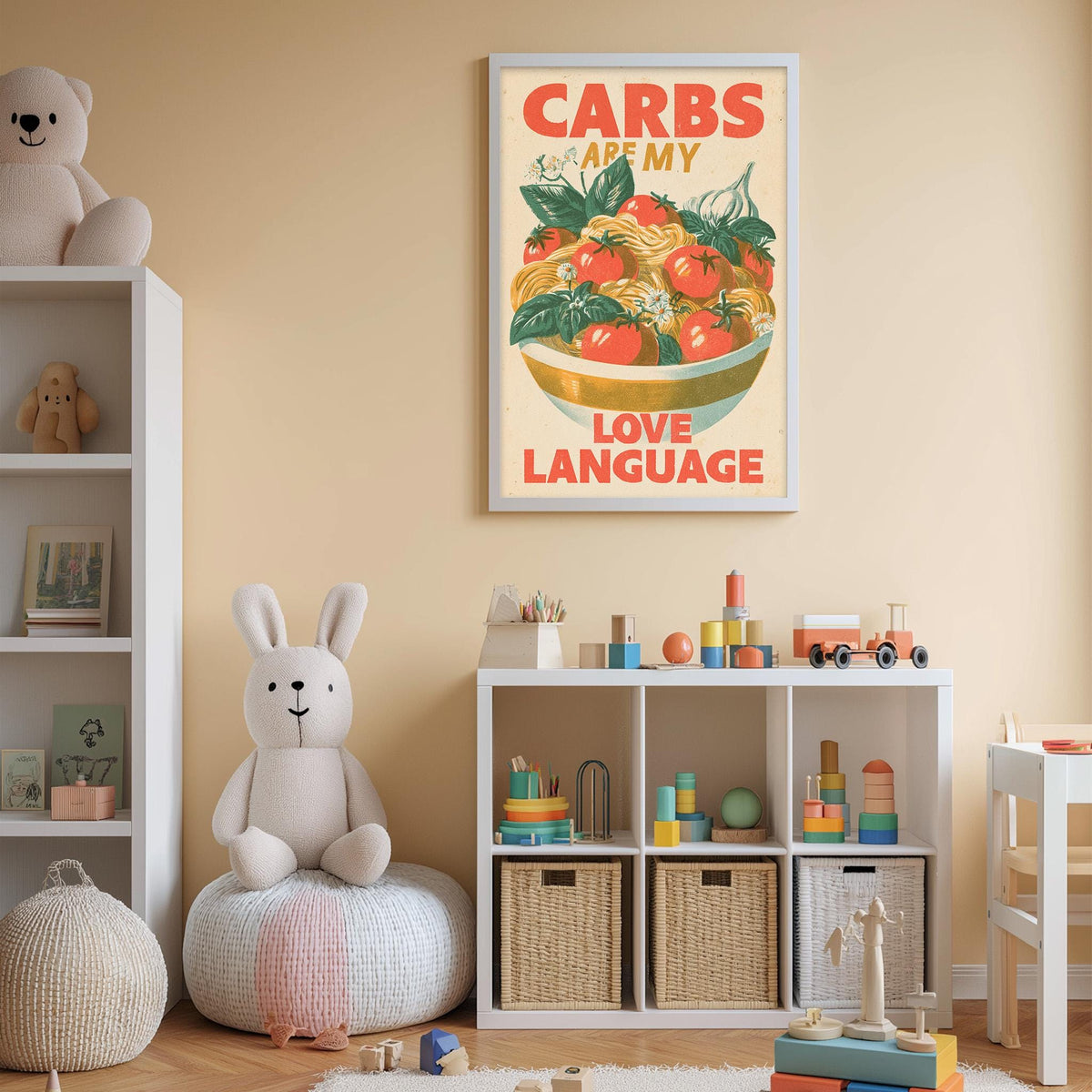 a child's bedroom with a white bookshelf, a stuffed rabbit, and a colorful poster on the wall. The poster has a playful message about carbohydrates and love language.
