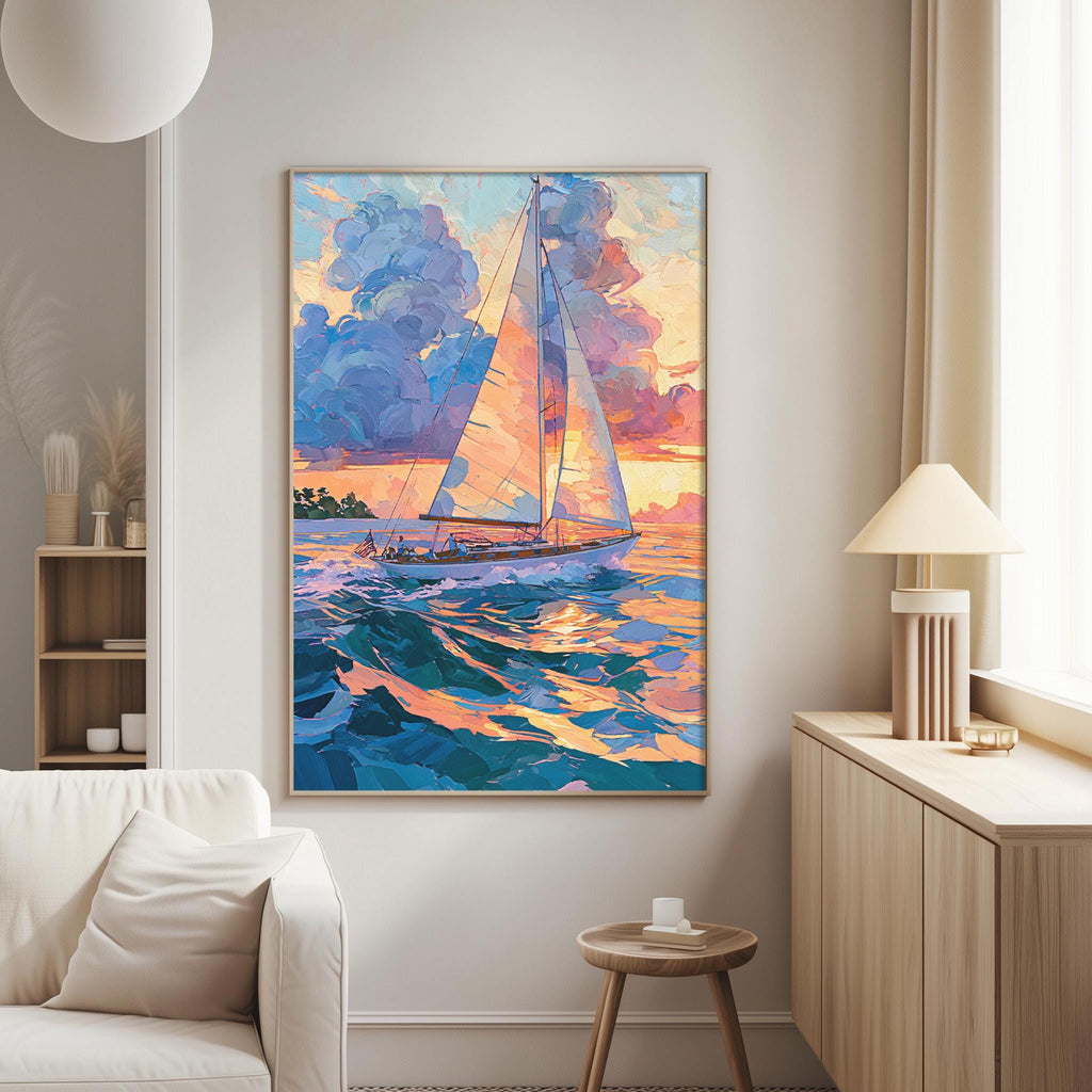 a large painting of a sailboat on the ocean, hanging on a wall in a living room.