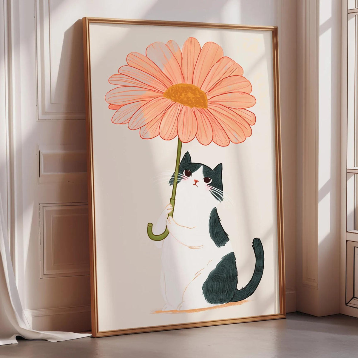 A framed illustration of a cat sitting under a large orange flower.