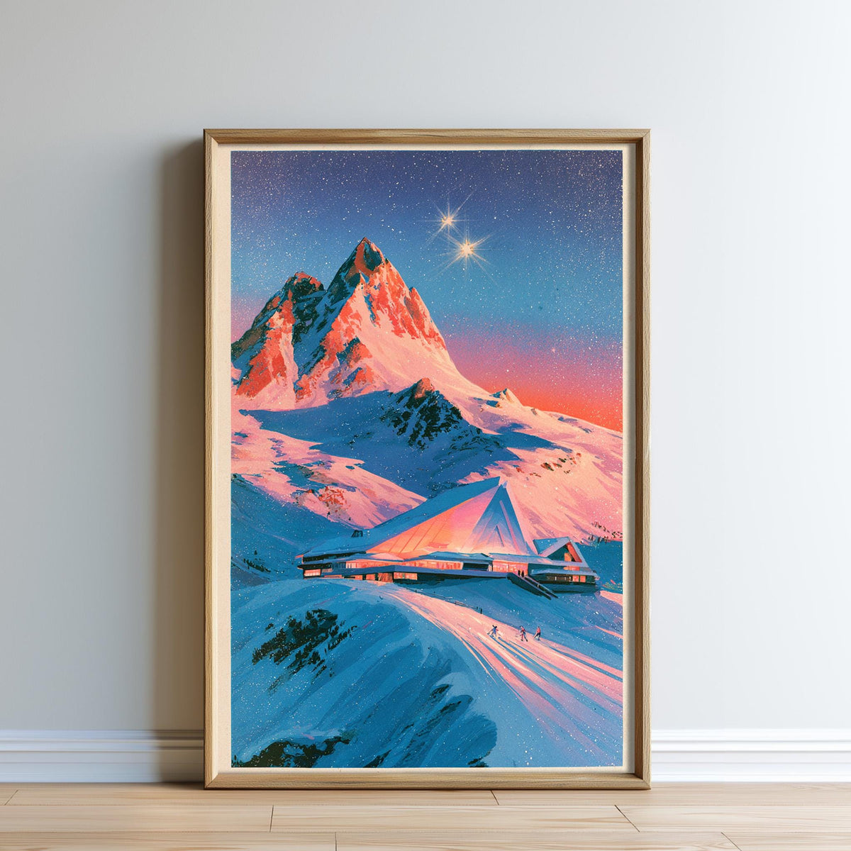 The image is a framed painting depicting a snowy mountain landscape with a ski lodge in the foreground.