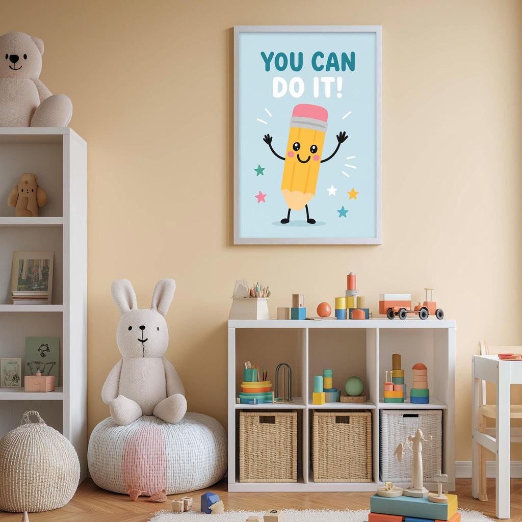 A child's bedroom with a bookshelf, a stuffed rabbit, and a colorful poster on the wall. The poster features a pencil character with arms raised and the text "YOU CAN DO IT!"