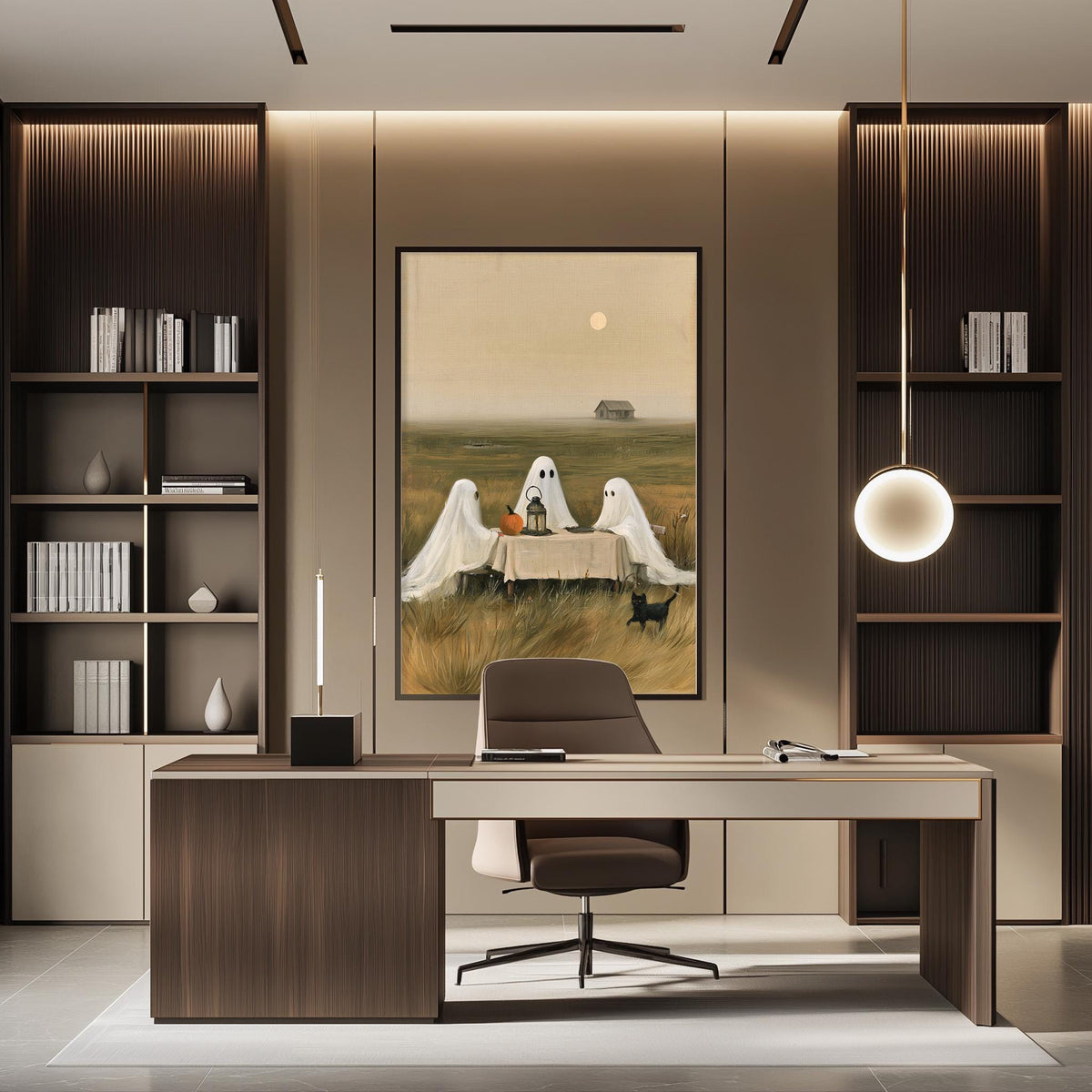 a modern office space with a large painting of three ghostly figures sitting at a table in a field, surrounded by bookshelves and a desk with a chair.