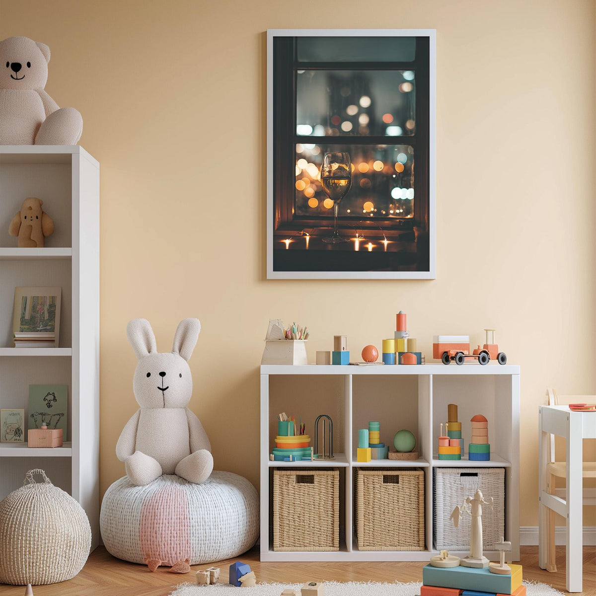 A cozy and well-organized children's playroom with a variety of toys and storage solutions. The room features a large stuffed rabbit, a bookshelf, a toy train, and a colorful toy box. A framed picture of a city skyline with a bokeh effect is displayed on the wall, adding a touch of whimsy to the space.