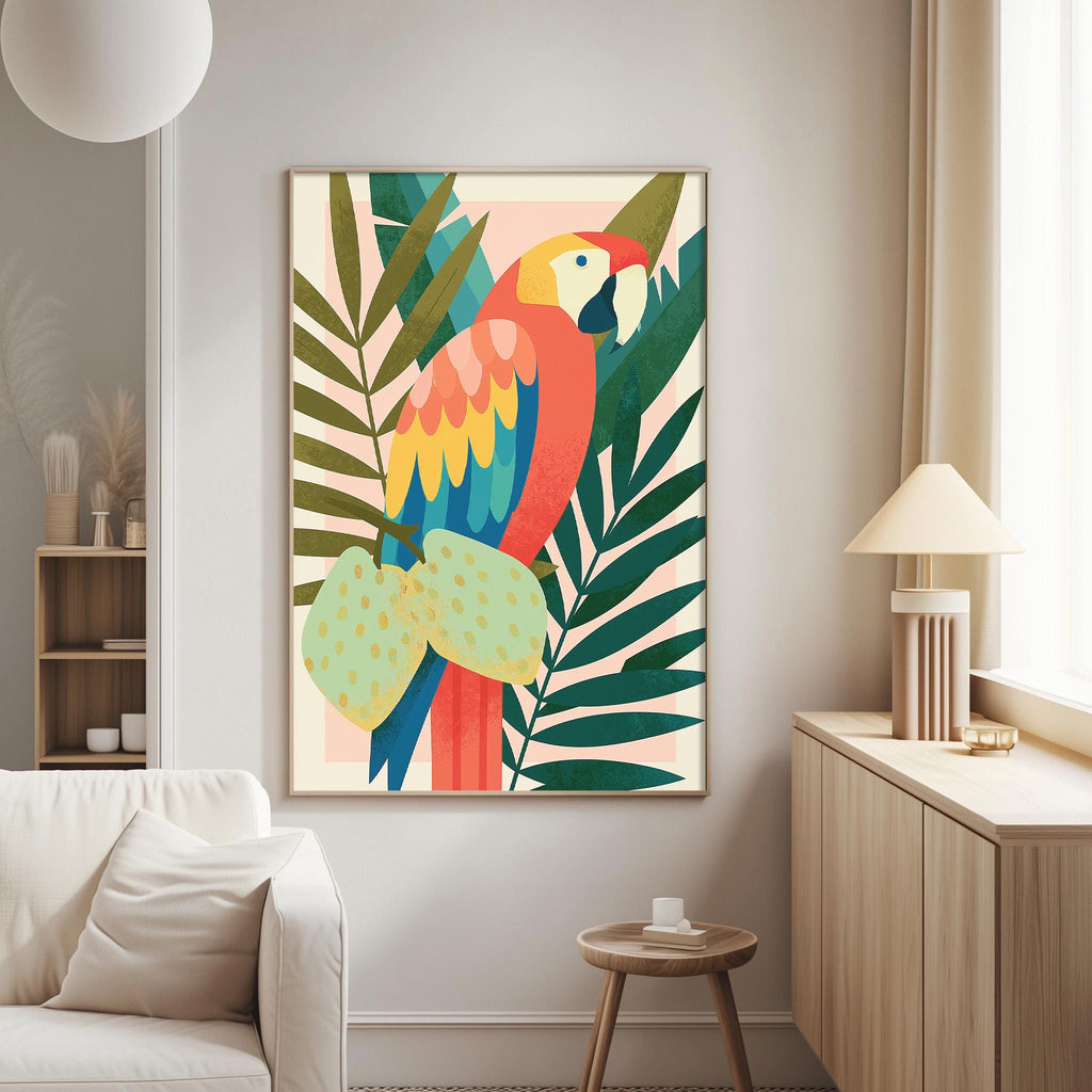 a vibrant, colorful painting of a parrot perched on a leafy branch, hanging on a wall in a cozy living room setting.