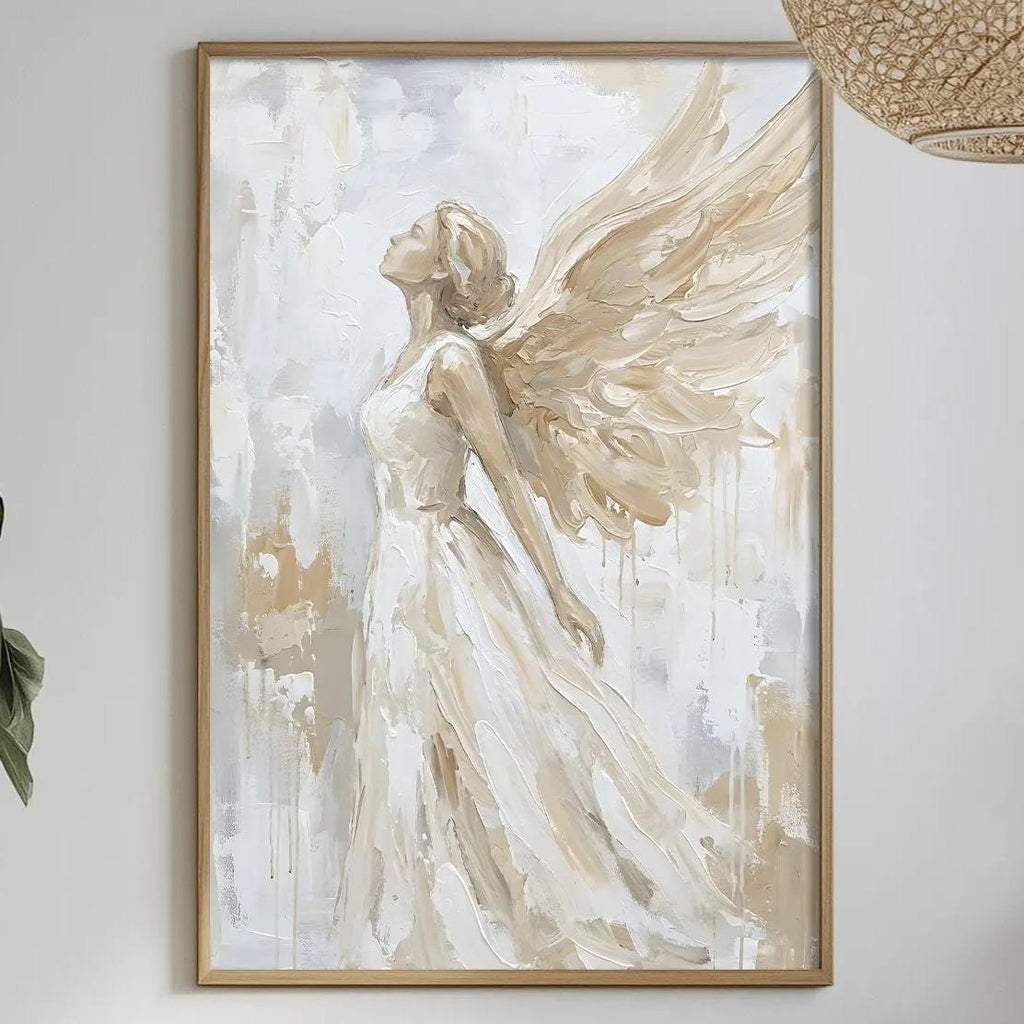 a dining table with a white tablecloth, a bowl of fruit, a bottle, and a vase with flowers. Above the table, there is a framed painting of an angel with outstretched wings.