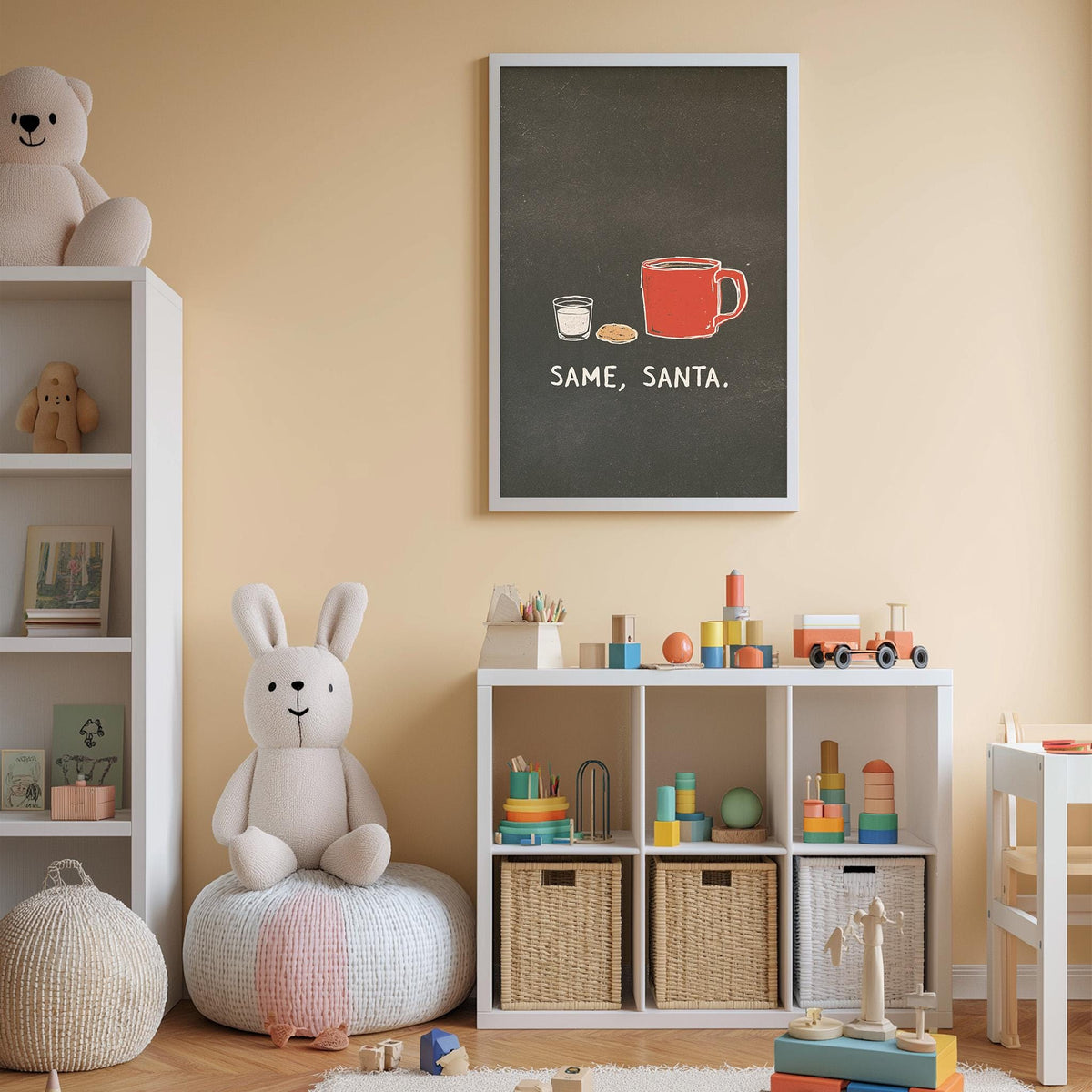 A cozy children's room with a white bookshelf, a plush rabbit, and a colorful toy box filled with toys. Above the bookshelf, there is a framed poster with the text "SAME, SANTA" and illustrations of a coffee cup and a cookie.