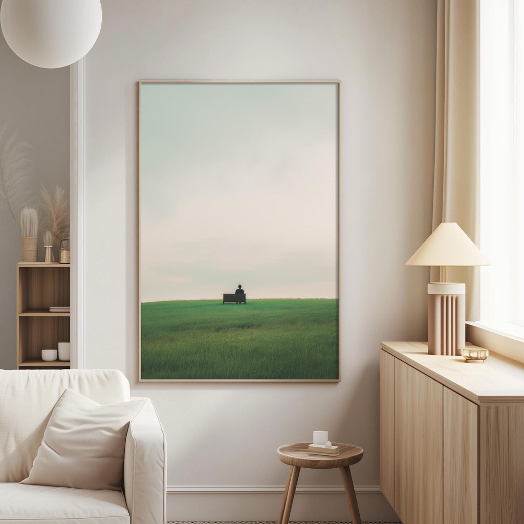 a serene living room with a large painting of a field and a small building in the distance, hanging on the wall. The room is furnished with a white sofa and a wooden sideboard, creating a cozy and inviting atmosphere.