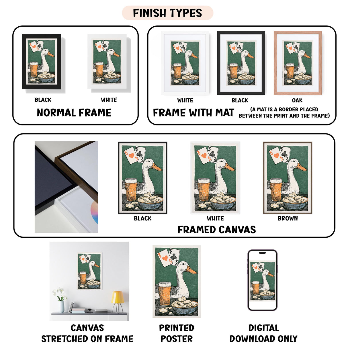 various types of artwork, including paintings, framed prints, and digital art, all featuring a duck and a cup of beer. The artwork is displayed in different frames and sizes, showcasing the versatility of the medium.