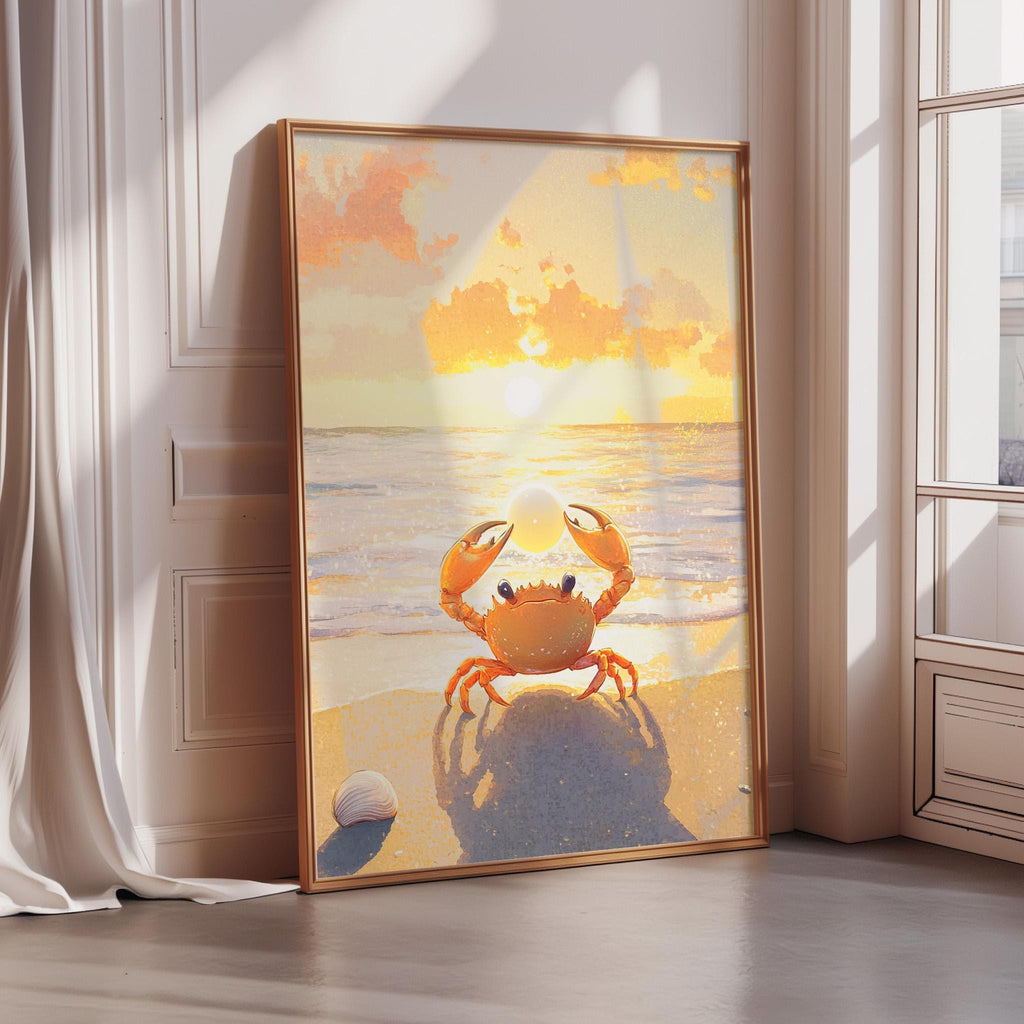 A framed painting depicting a crab sitting on a beach at sunset, with the sun setting over the ocean.