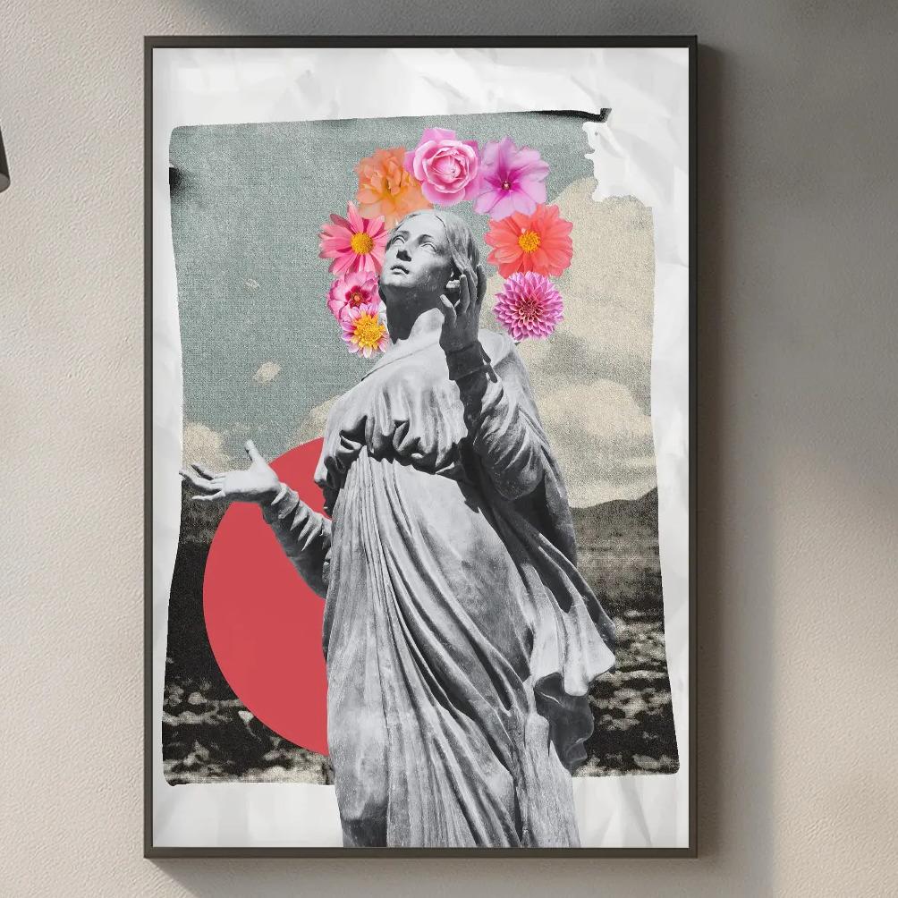 a framed collage of a statue with a floral headdress, hanging on a wall above a kitchen counter with various kitchen items and decor.
