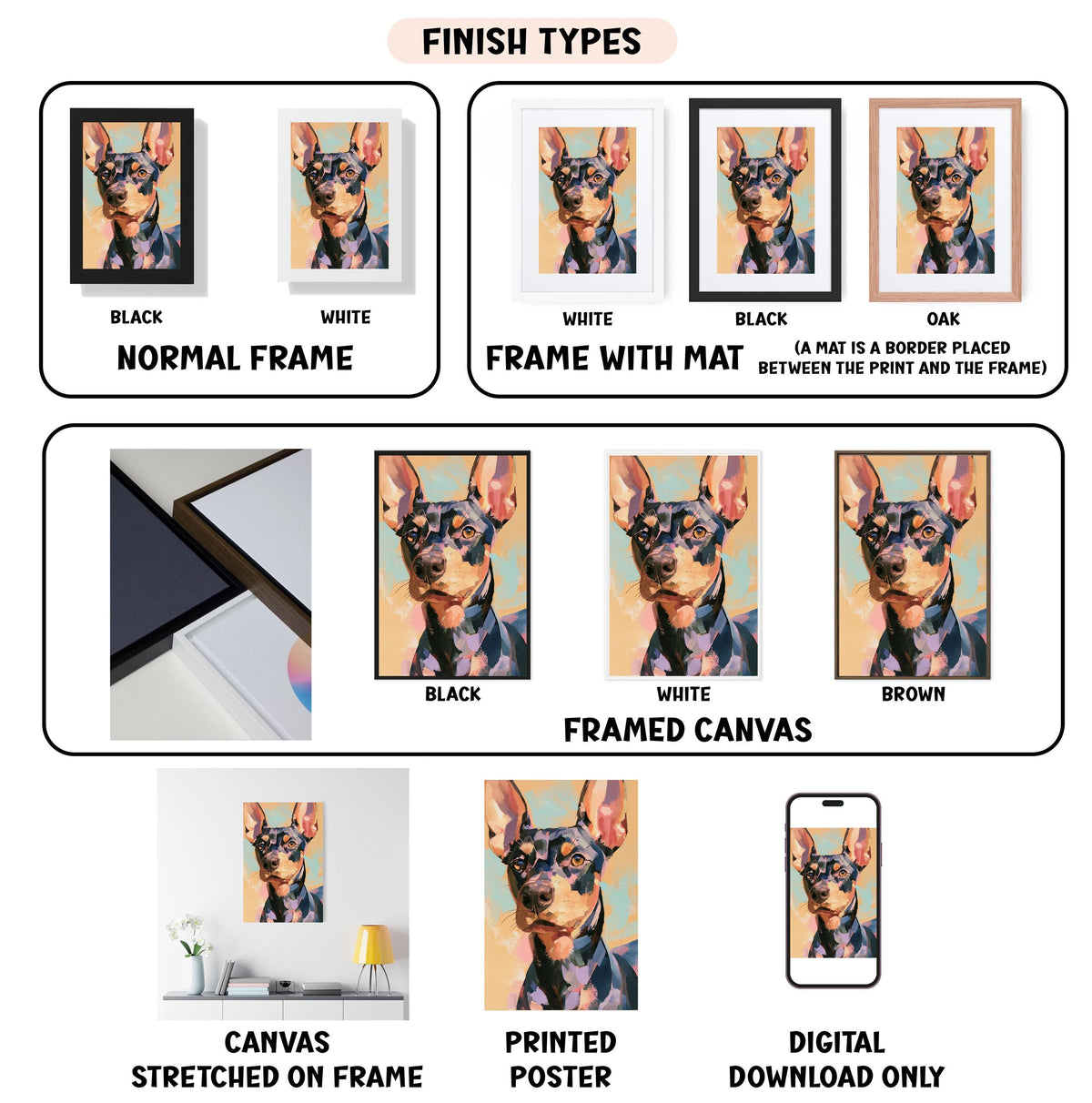 various types of artwork, including a framed canvas, a stretched canvas, a printed poster, and a digital download. The artwork is presented in different frames and mat colors, showcasing the versatility of the medium.