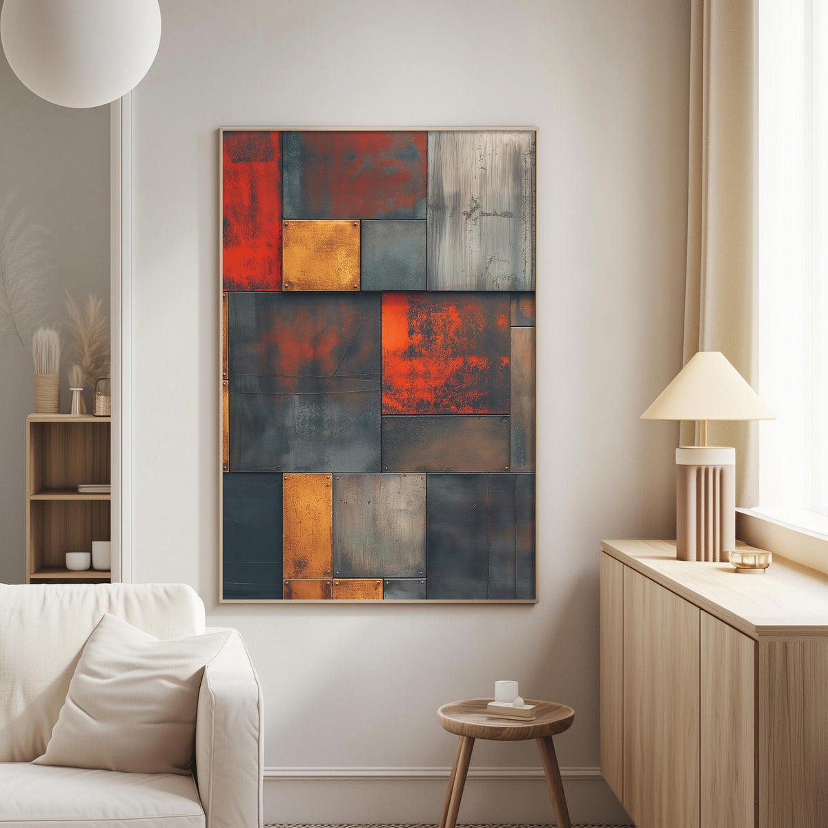 a modern living room with a large abstract painting hanging on the wall. The painting consists of various shades of orange, red, and black, creating a vibrant and dynamic visual effect. The room is furnished with a white sofa, a wooden side table, and a lamp, contributing to a minimalist and stylish interior design.
