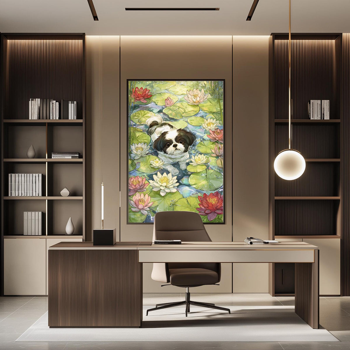 a modern office space with a large painting of a dog swimming in a pond as the focal point. The office features a wooden desk, a comfortable chair, and a bookshelf filled with books and decorative items. The overall design and layout of the space create a serene and inviting atmosphere.