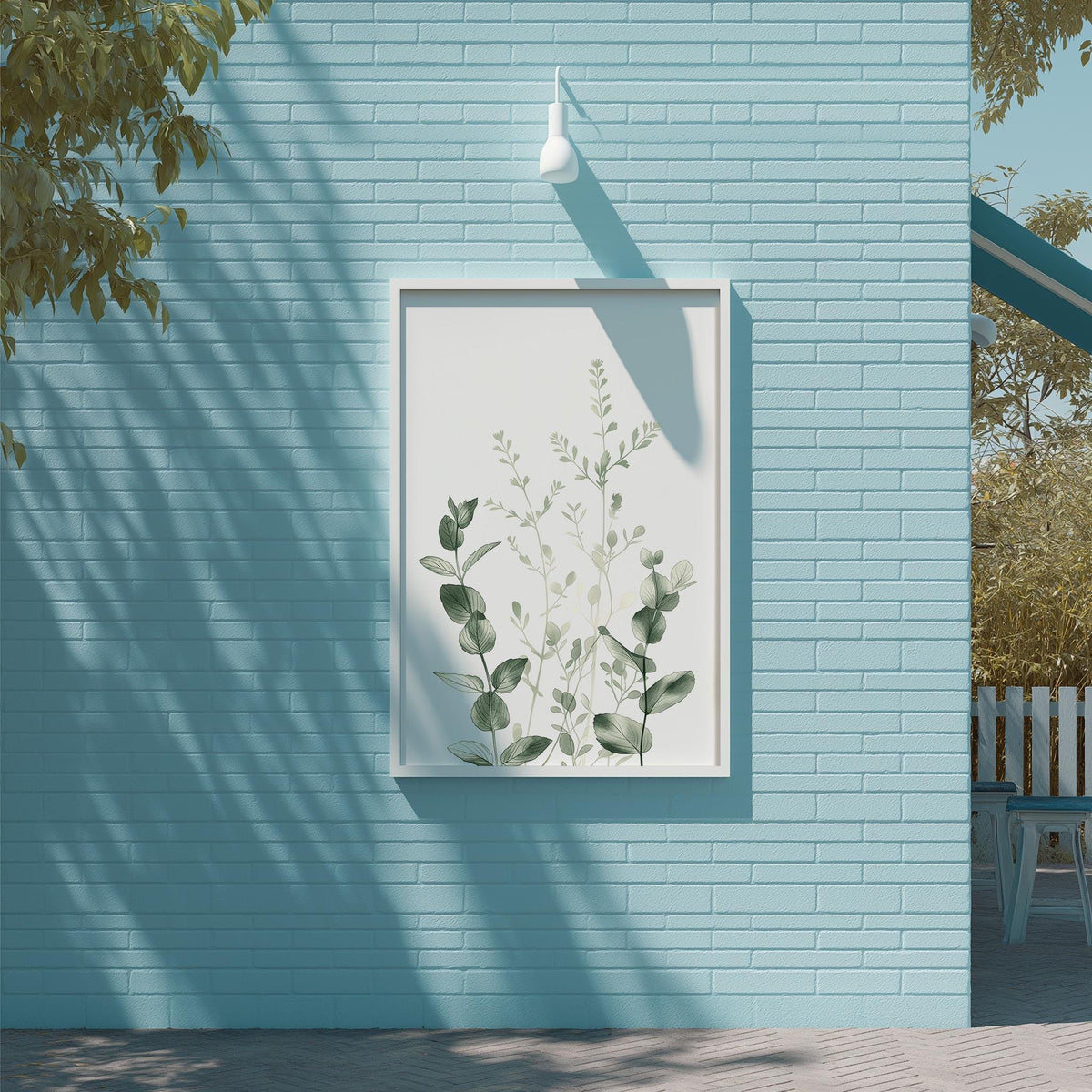 a blue brick wall with a framed picture of green leaves hanging on it. The picture is set against a light blue background, creating a serene and calming atmosphere.