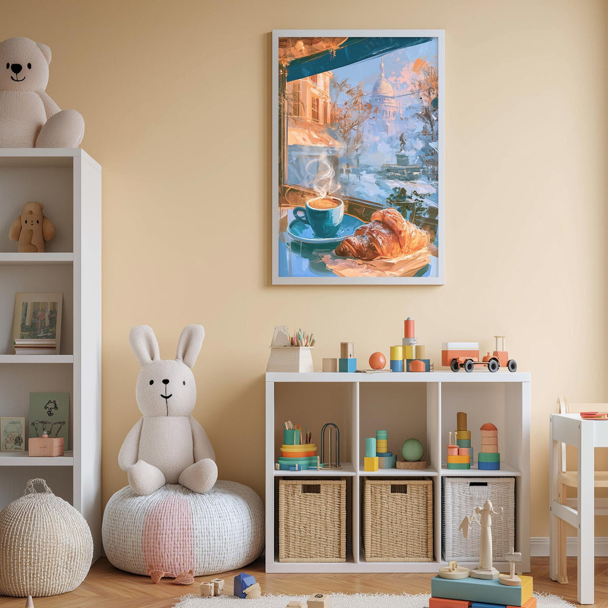 A cozy children's room with a large stuffed bunny, a bookshelf, and a colorful toy set. The room has a warm, inviting atmosphere with a framed picture of a breakfast scene hanging on the wall.