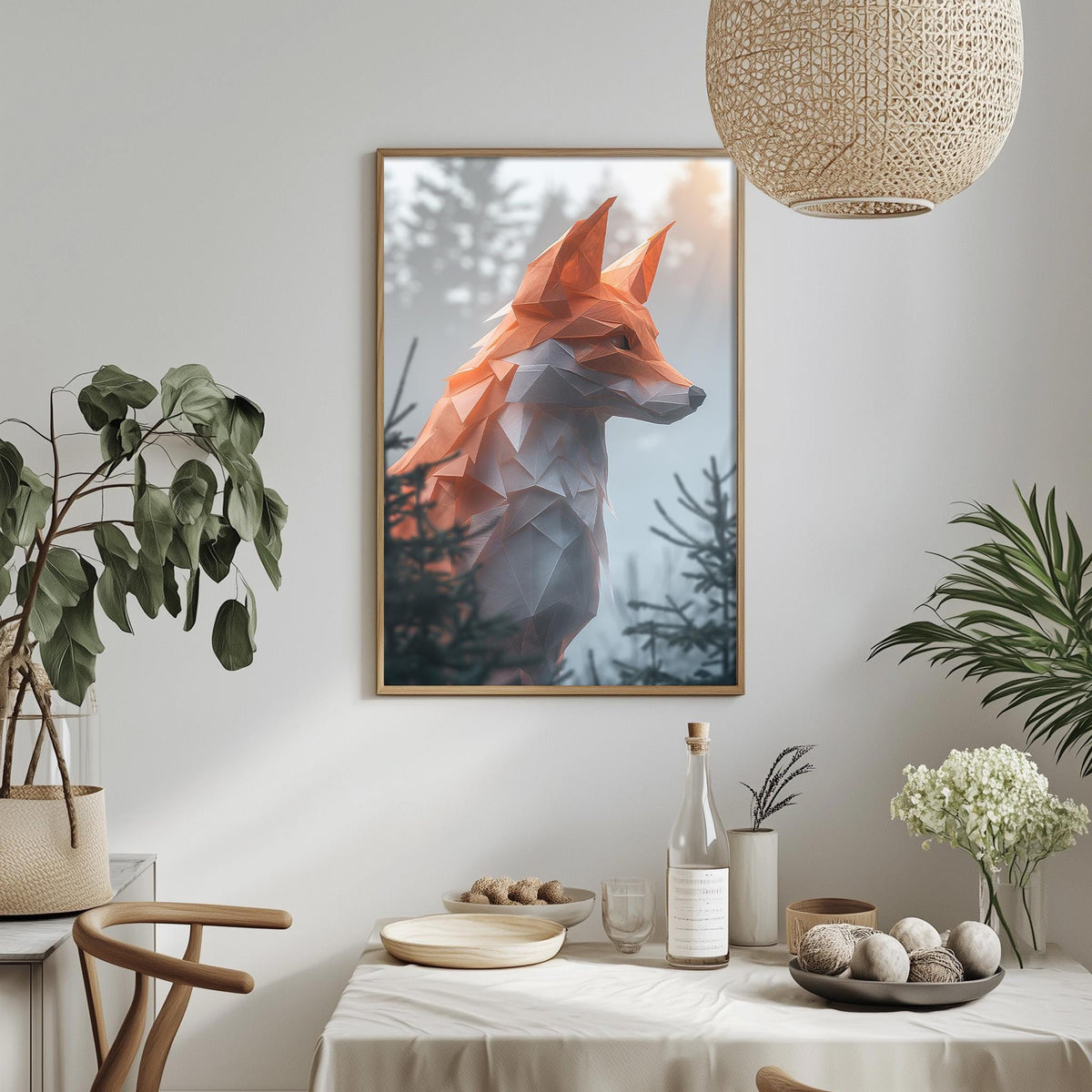 a framed artwork of a fox in a forest setting, hanging on a wall above a dining table with various decorative items and plants.