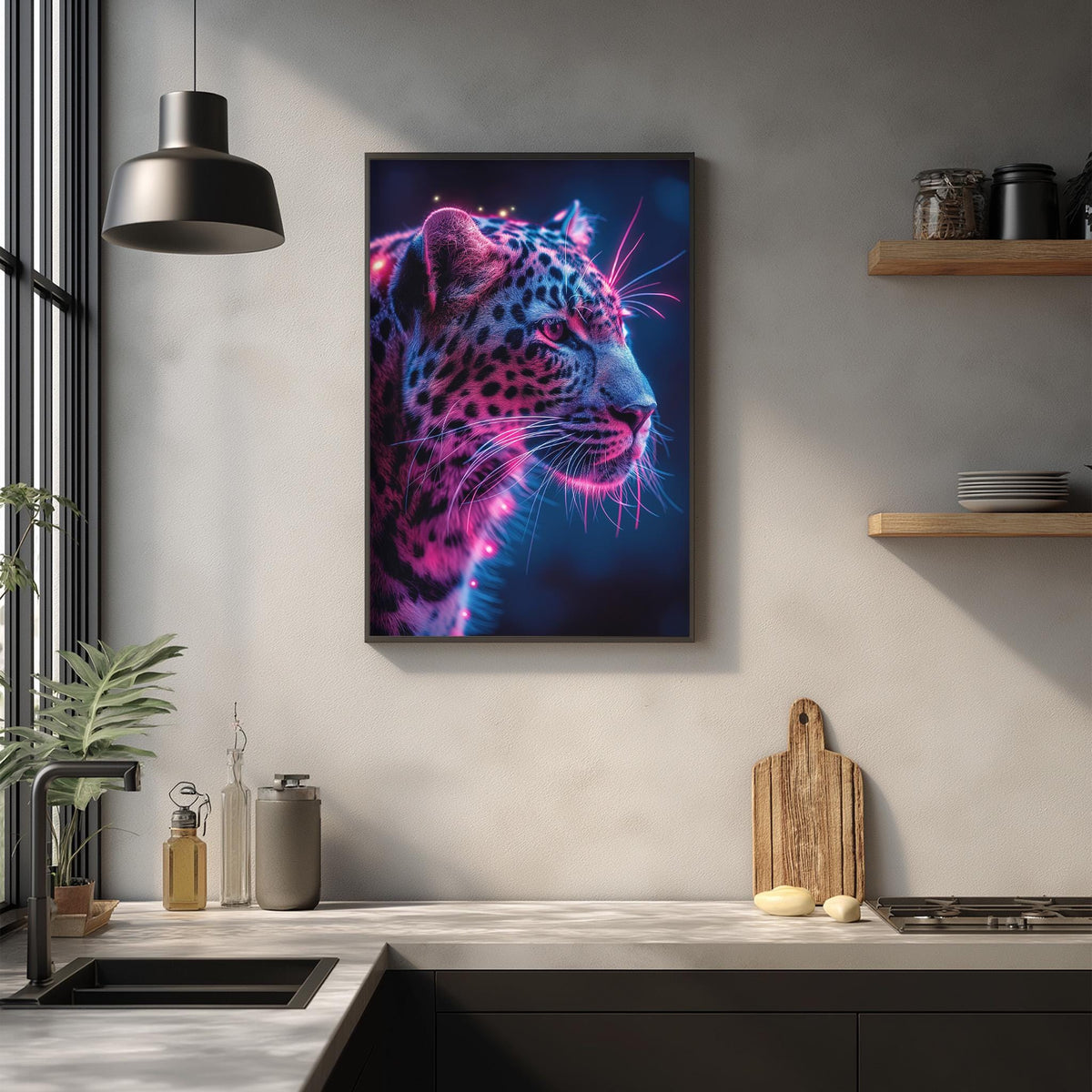 a large framed picture of a leopard with a vibrant, neon-like color scheme, hanging on a wall above a kitchen counter.