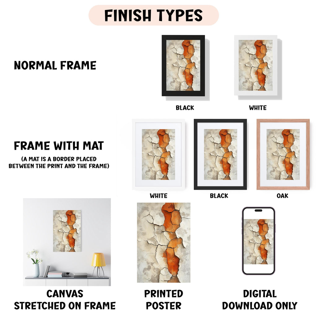 various finish types for framed artwork, including a normal frame, a frame with a mat, a white frame, a black frame, an oak frame, a white canvas stretched on a frame, a printed poster, and a digital download only.