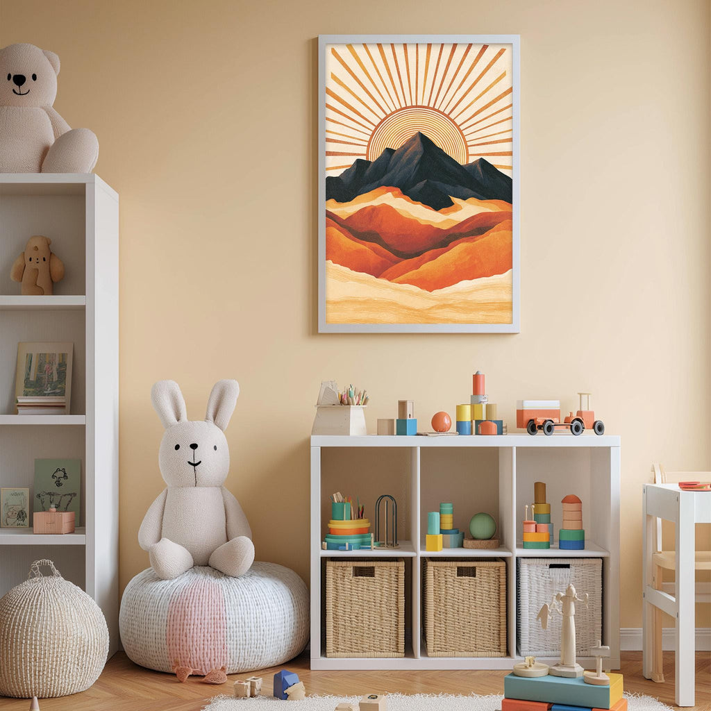 A cozy children's room with a large stuffed bunny, a bookshelf, and a toy storage unit. The room has a warm, inviting atmosphere with a framed picture of a mountain landscape and a sunburst design on the wall.