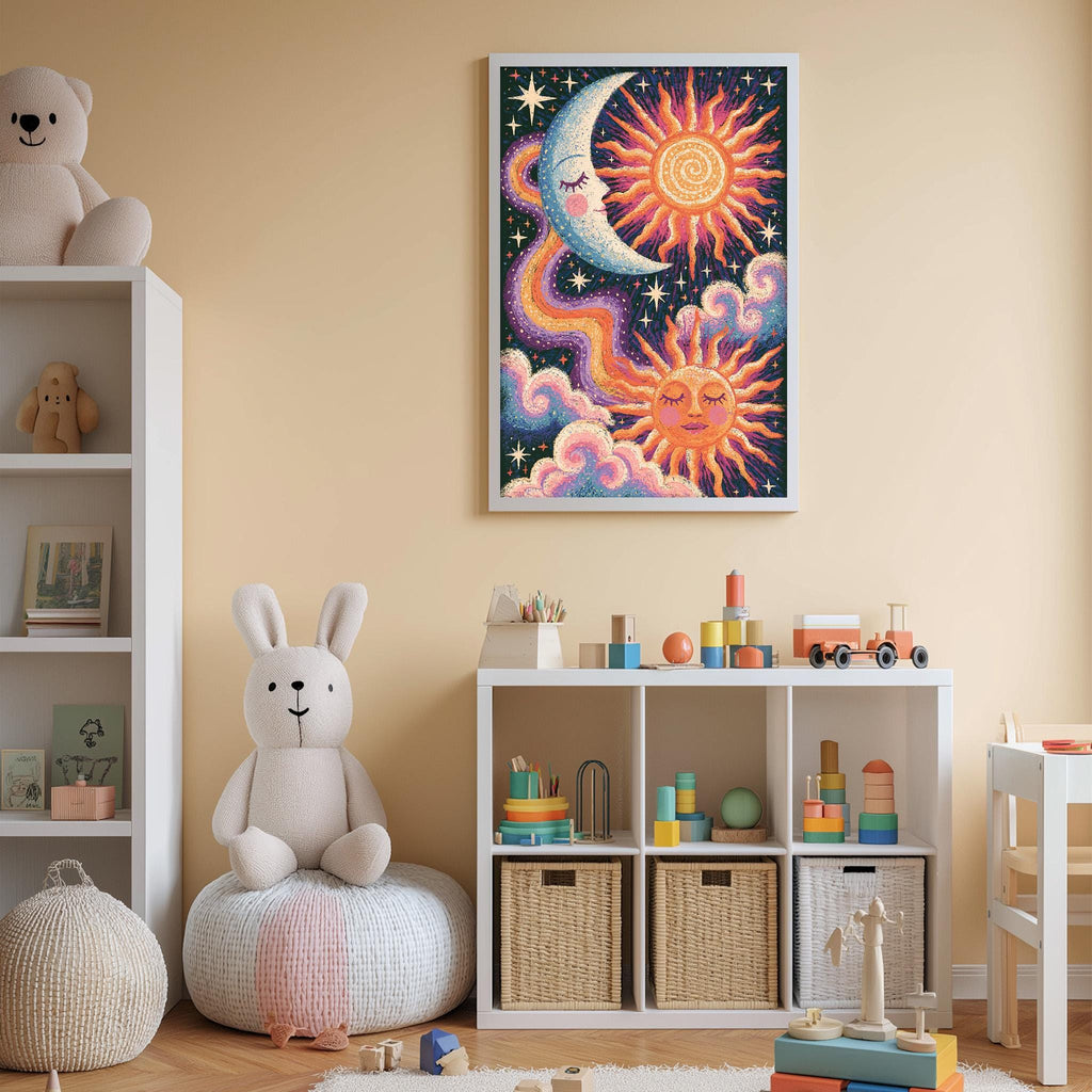 A child's bedroom with a large, colorful painting of a moon, sun, and clouds on the wall, a white bookshelf filled with toys, and a stuffed rabbit sitting on a bean bag chair.