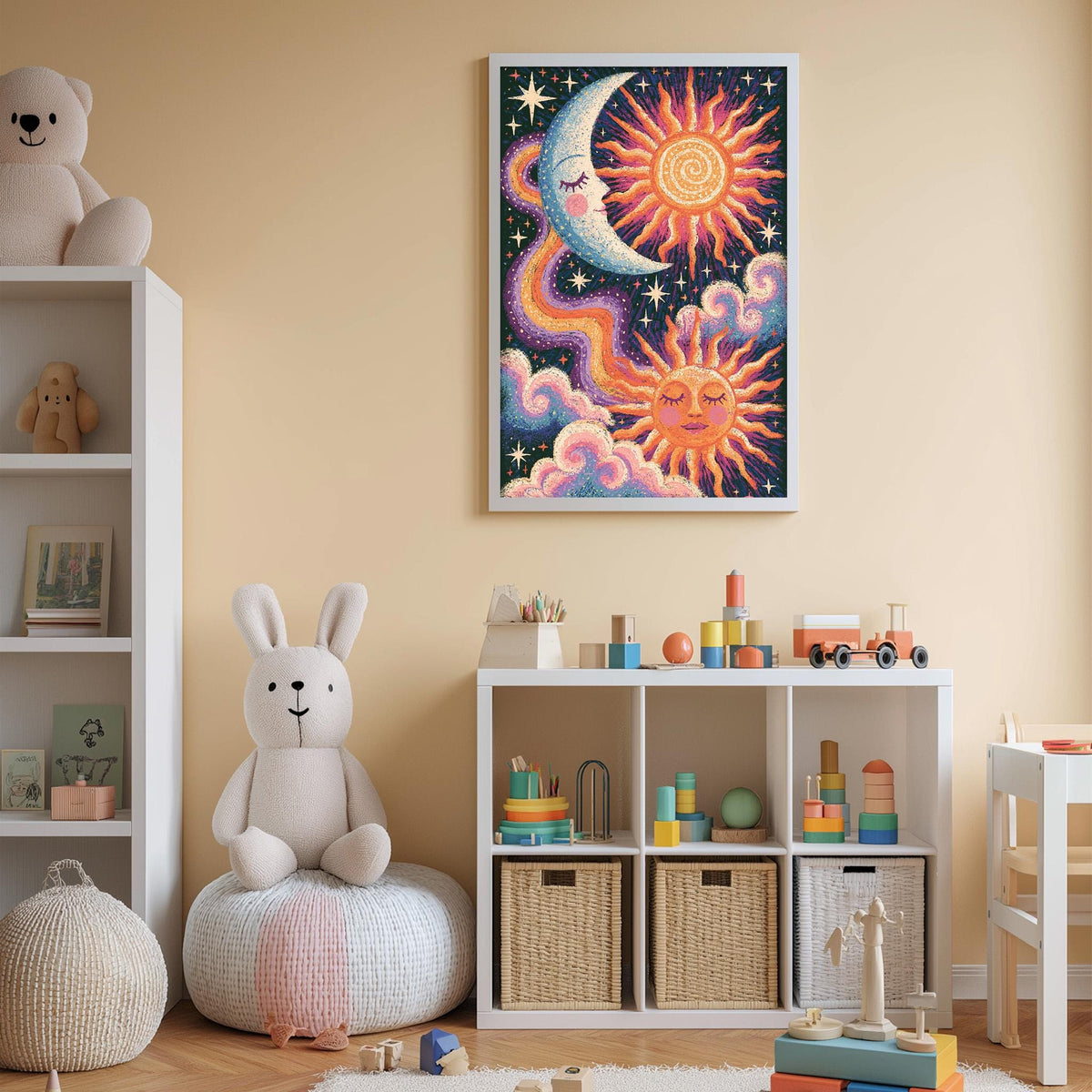 A child's bedroom with a large, colorful painting of a moon, sun, and clouds on the wall, a white bookshelf filled with toys, and a stuffed rabbit sitting on a bean bag chair.