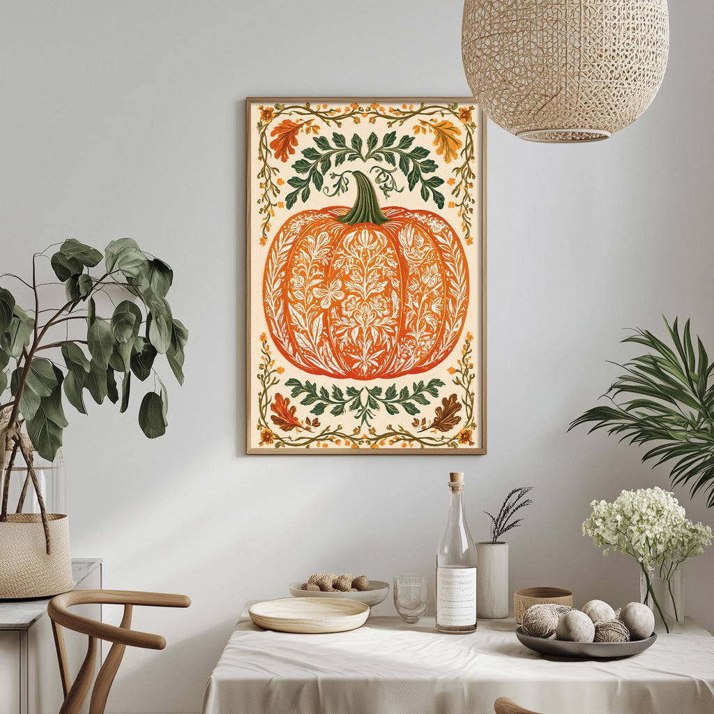 a dining table with a white tablecloth, a bowl of fruit, a bottle, and a vase with flowers. Above the table, there is a framed print of a pumpkin with a floral design.