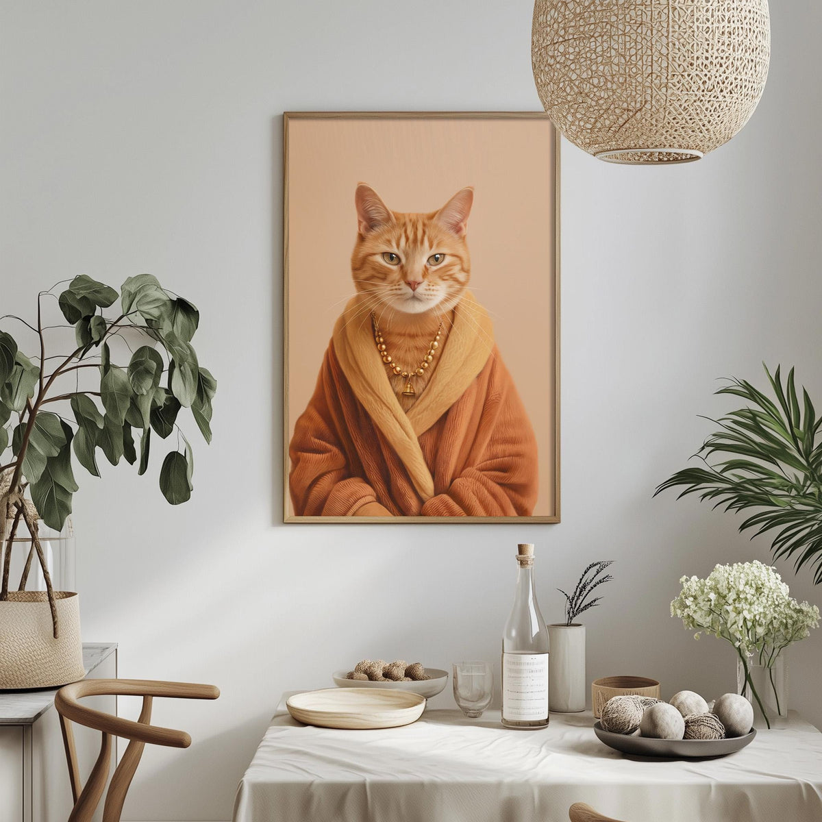 a framed painting of a cat wearing a robe, hanging on a wall above a dining table with various decorative items and plants.