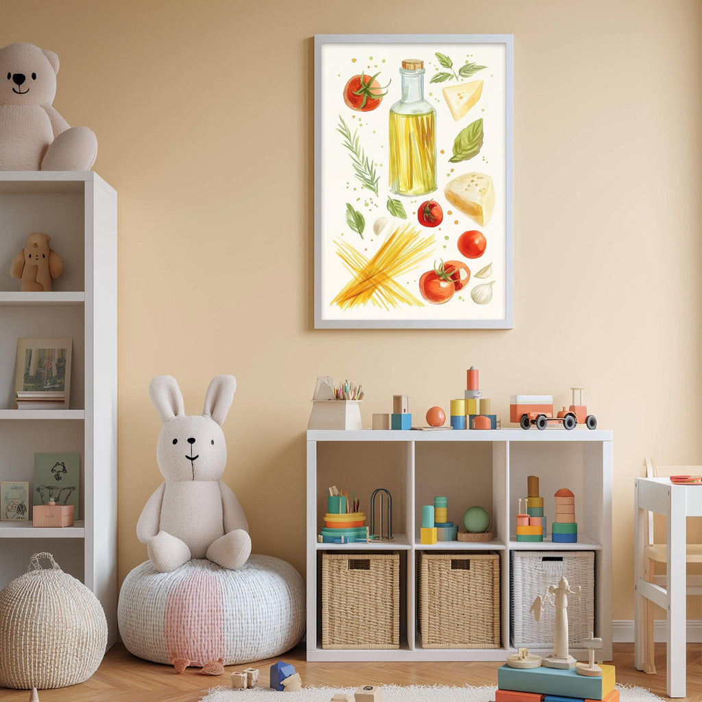 A cozy children's room with a white bookshelf, a plush rabbit, and a colorful toy box filled with toys. Above the bookshelf, there is a framed illustration of various food items, including a bottle of olive oil, tomatoes, and other vegetables.