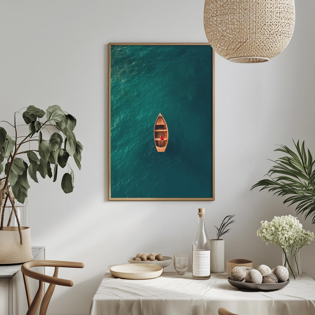 a dining table with a white tablecloth, a bowl of fruit, a bottle, and a vase with flowers. Above the table, there is a framed picture of a boat floating on the ocean.