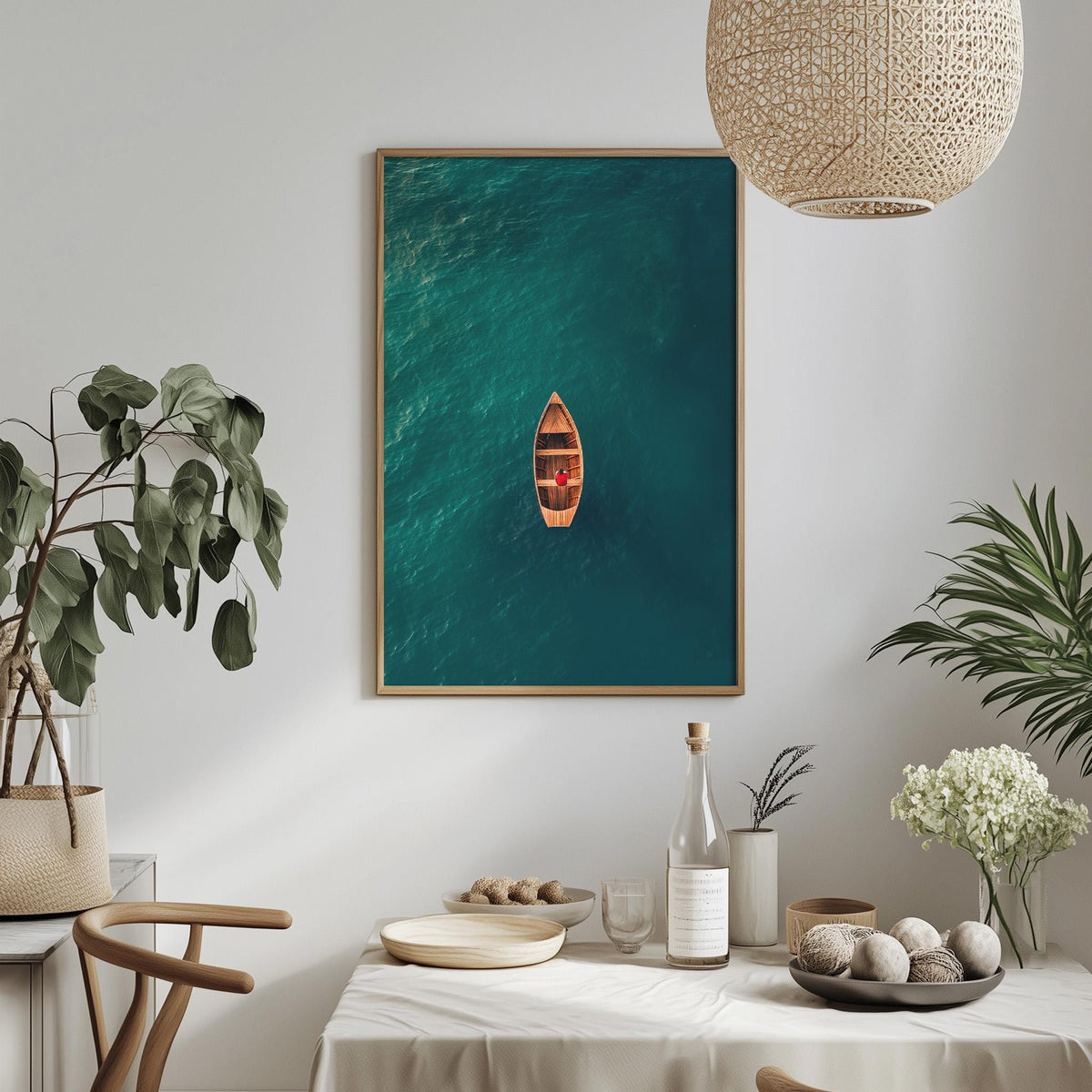 a dining table with a white tablecloth, a bowl of fruit, a bottle, and a vase with flowers. Above the table, there is a framed picture of a boat floating on the ocean.