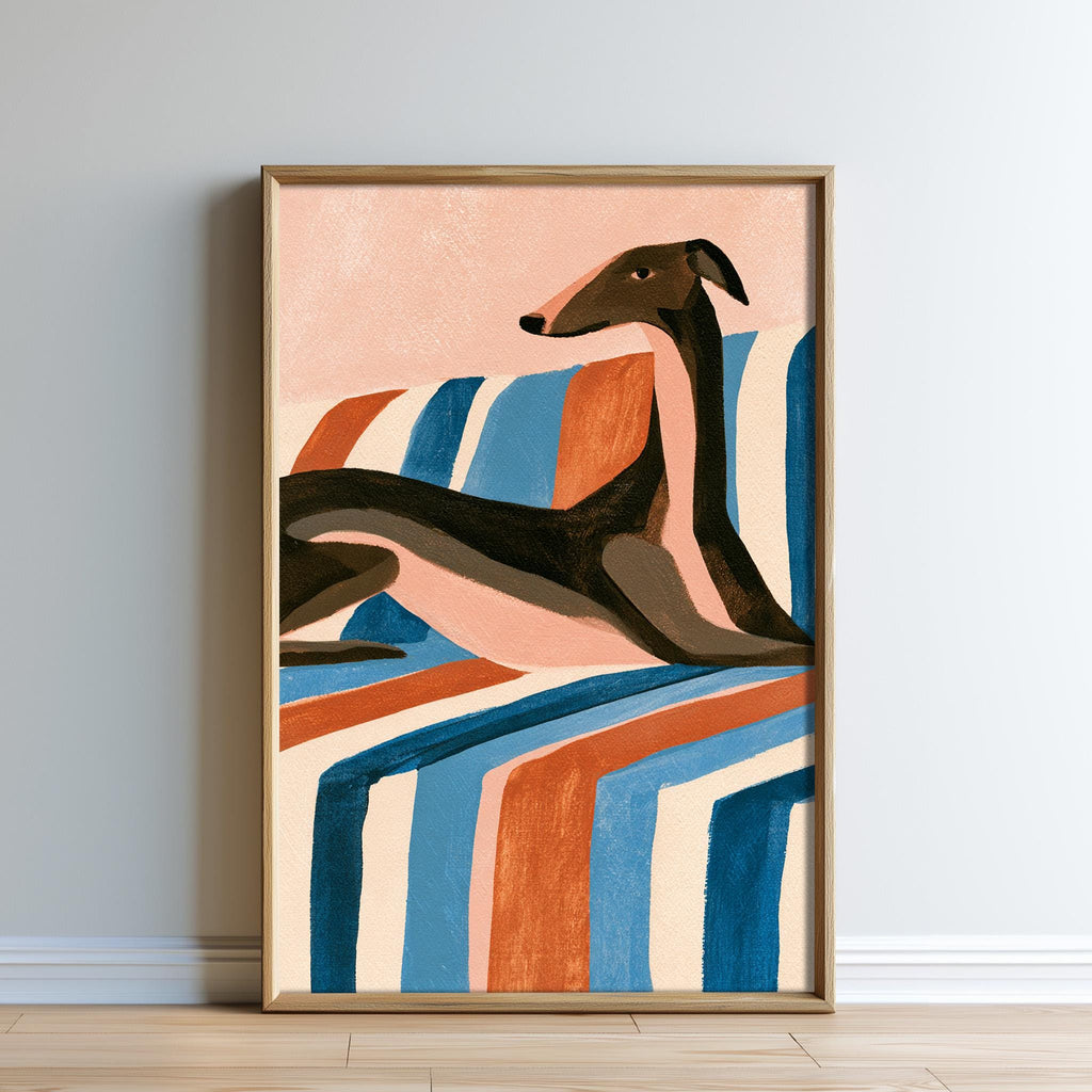The image is a framed painting depicting a dog lying on a striped couch.