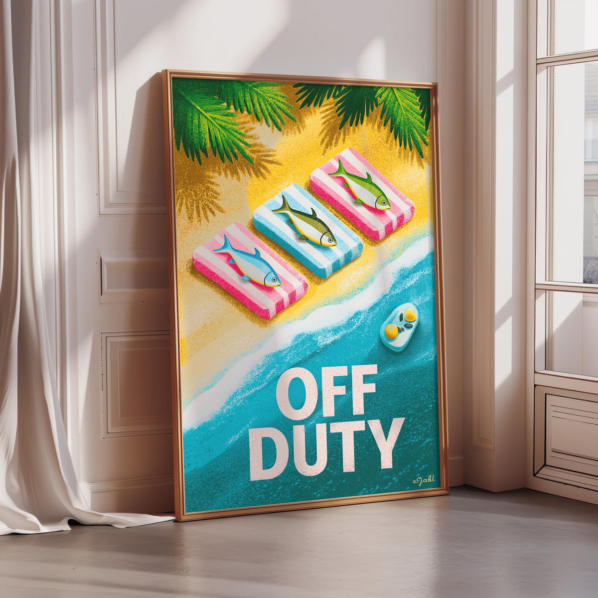 The image is a framed poster with a beach scene and three fish on colorful towels, along with the text "OFF DUTY".