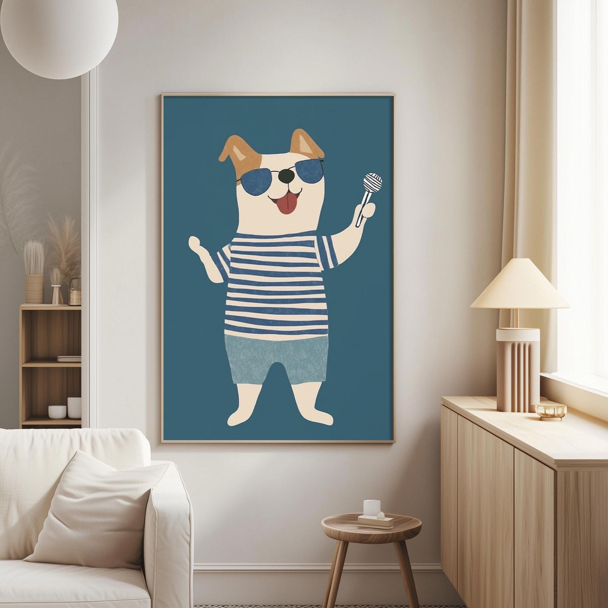 a cozy living room with a large framed illustration of a dog wearing sunglasses and a striped shirt, holding a microphone.