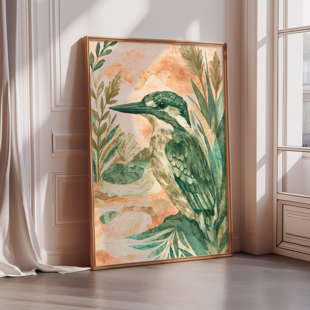 a large, framed painting of a green bird, possibly a parrot, set against a background of green leaves and flowers.
