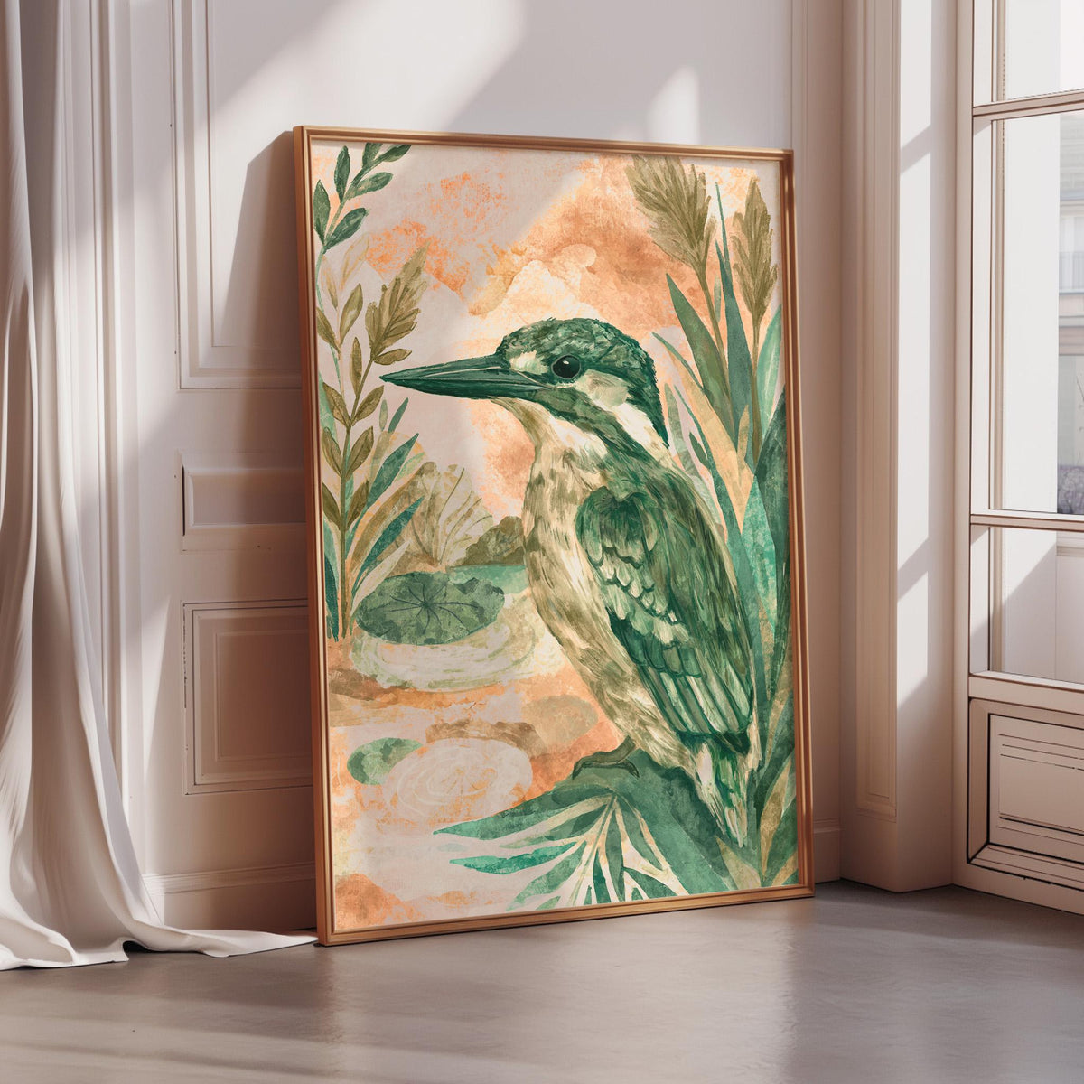 a large, framed painting of a green bird, possibly a parrot, set against a background of green leaves and flowers.
