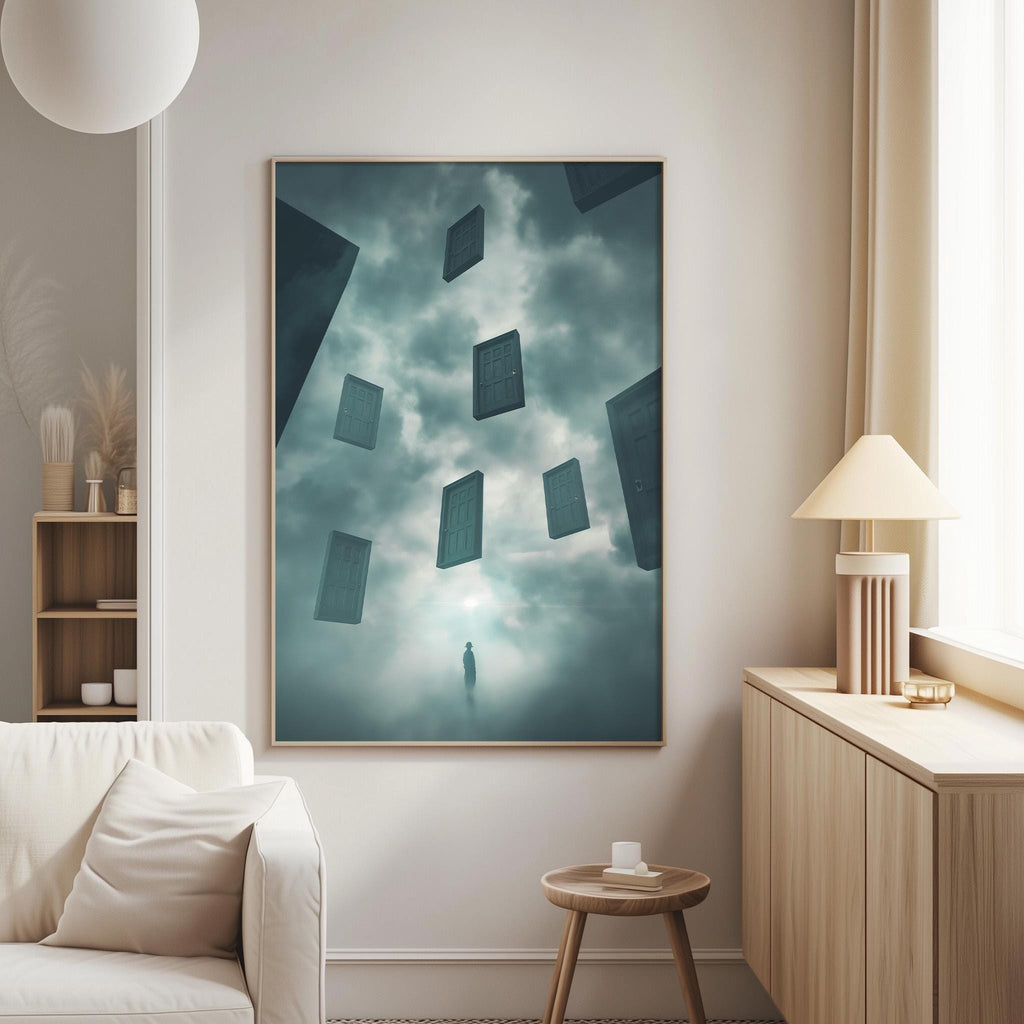a serene living room with a large framed artwork hanging on the wall, depicting a person standing in a misty, dreamlike landscape.