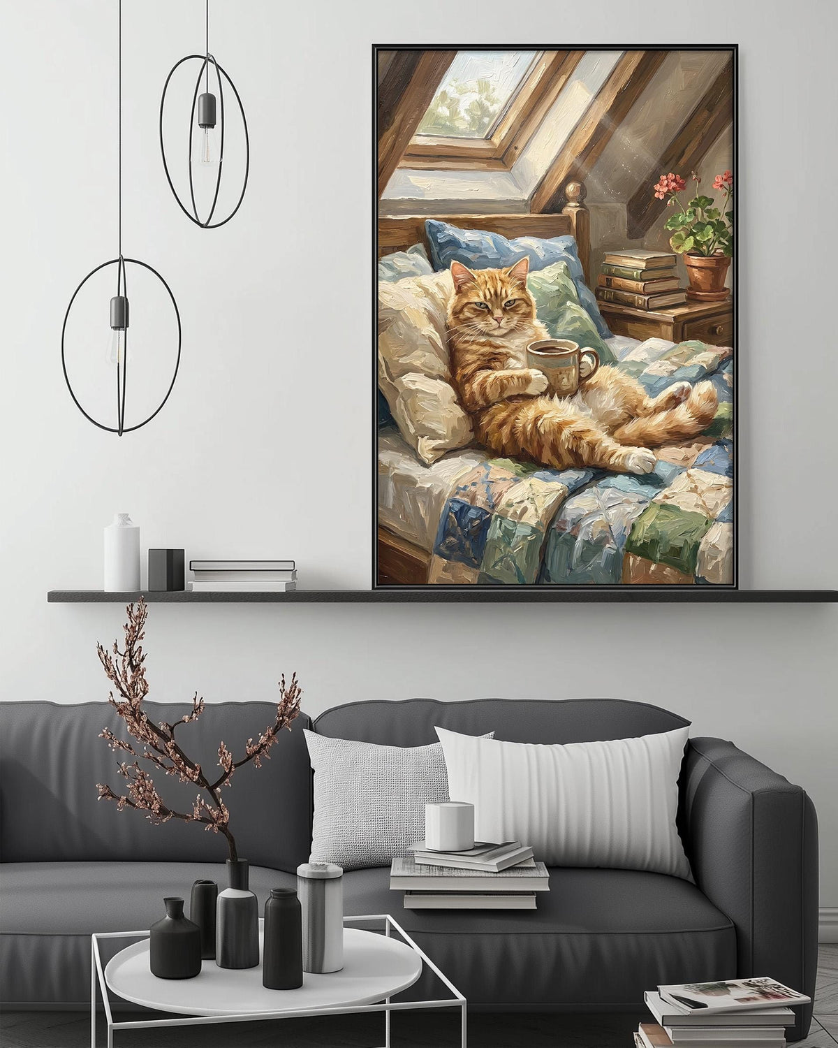 a cozy living room with a large painting of a cat lounging on a bed, surrounded by a bookshelf, a coffee table, and a potted plant.