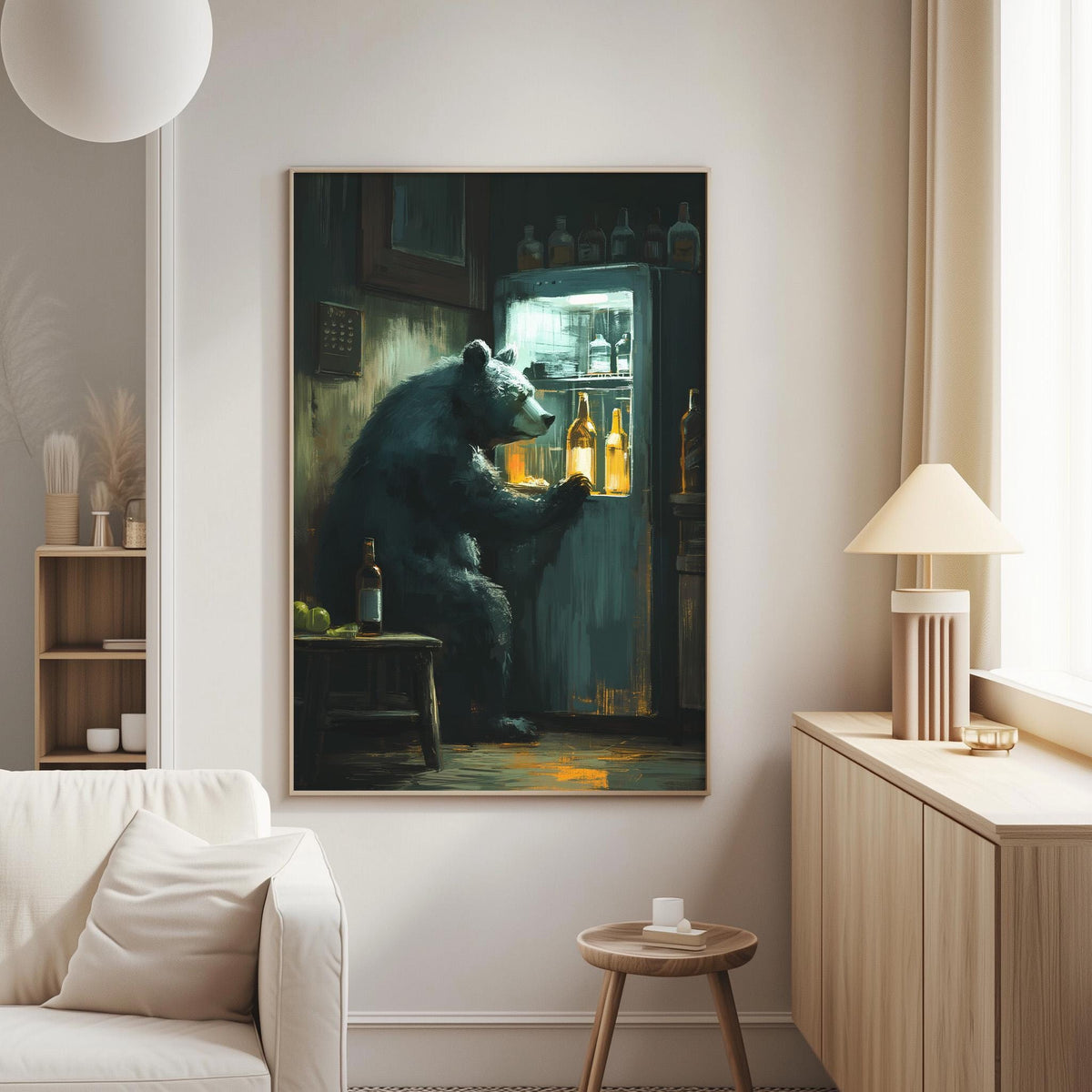 a large painting of a bear sitting in front of an open refrigerator, surrounded by various bottles and fruits.