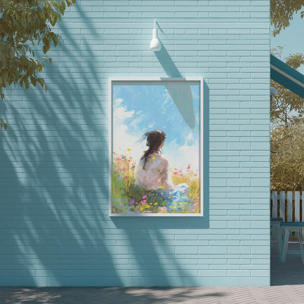 a painting of a woman sitting in a field of flowers, hanging on a blue brick wall.
