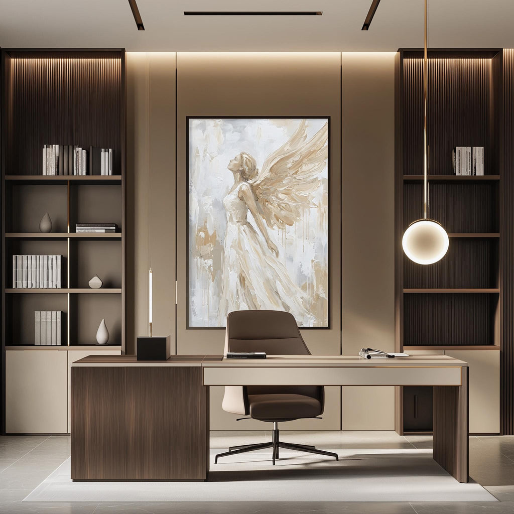 a modern and elegant office space with a large painting of an angel on the wall, a wooden desk with a chair, and built-in bookshelves.