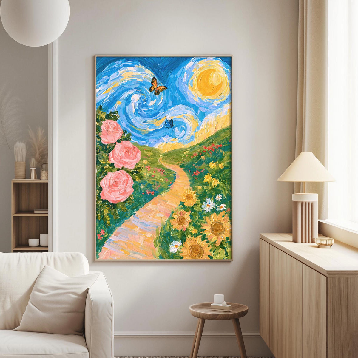 a large, colorful painting of a garden scene hanging on a wall in a living room.